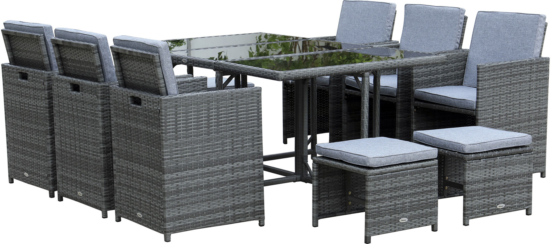 Outsunny 11 PCS Patio Dining Set Outdoor Rattan Wicker Furniture Set with Space Saving Chairs, Glass Top Table and Cushion, Mixed Grey