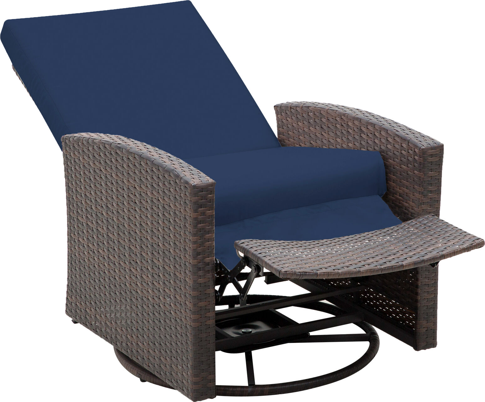 Outsunny Patio Wicker Recliner Chair with Footrest, Outdoor PE Rattan 360°Swivel Chair with Soft Cushion, Lounge Chair for Patio, Dark Blue