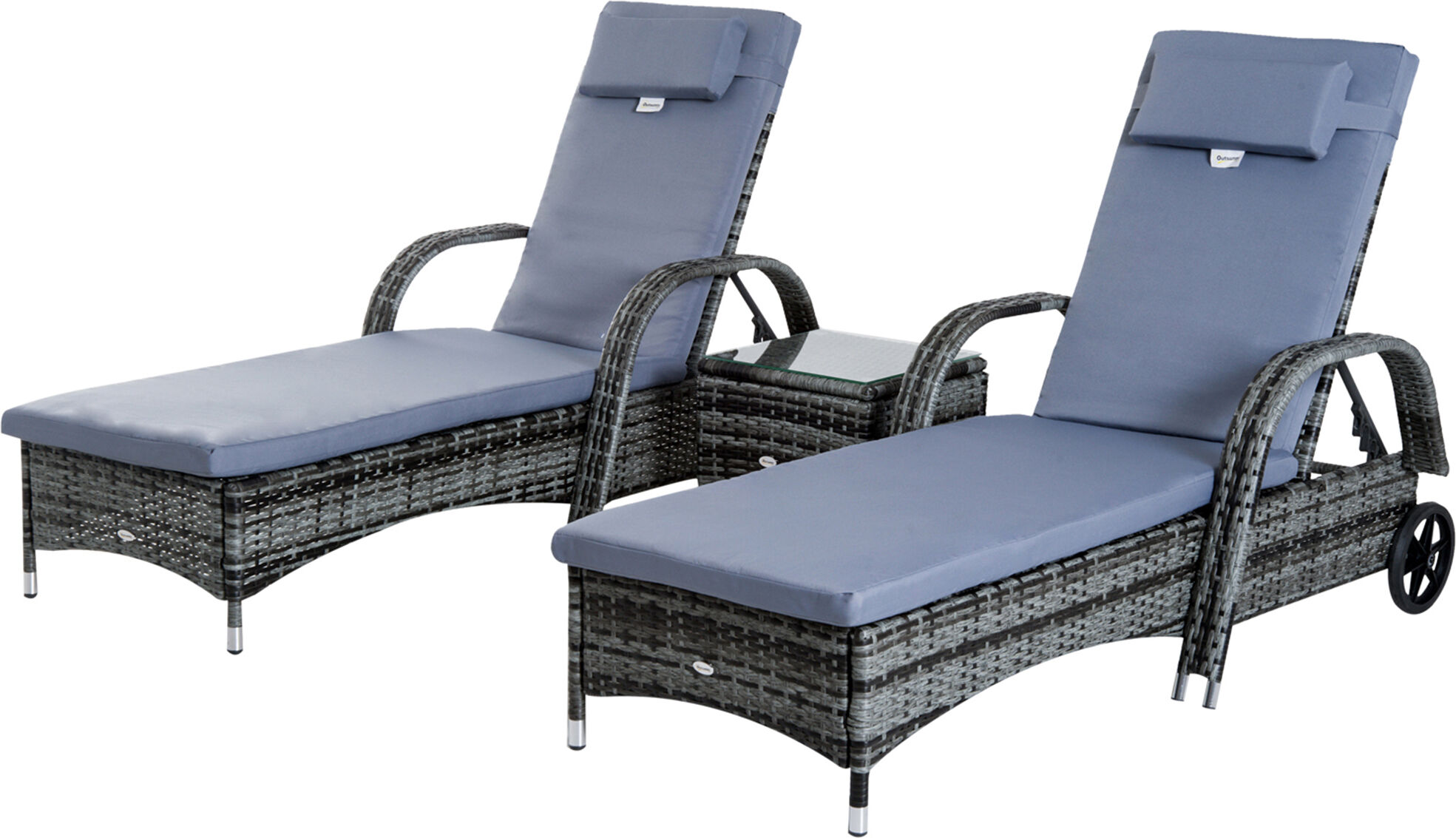 Outsunny 3 Pieces Wicker Chaise Lounge Chair Set Outdoor with Side Table & Wheels, Adjustable Backrest  Height with Armrests, Gray