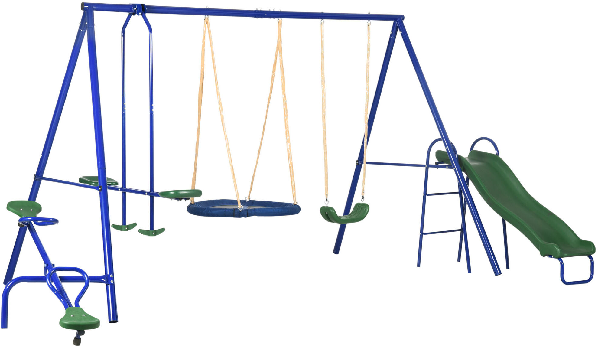 Outsunny 5-in-1 Swing Set With Glider, Heavy Frame Outdoor Playset for Kids, with Saucer Swing, Slide, Seesaw, Glider, Swing Seat, Blue   Aosom.com