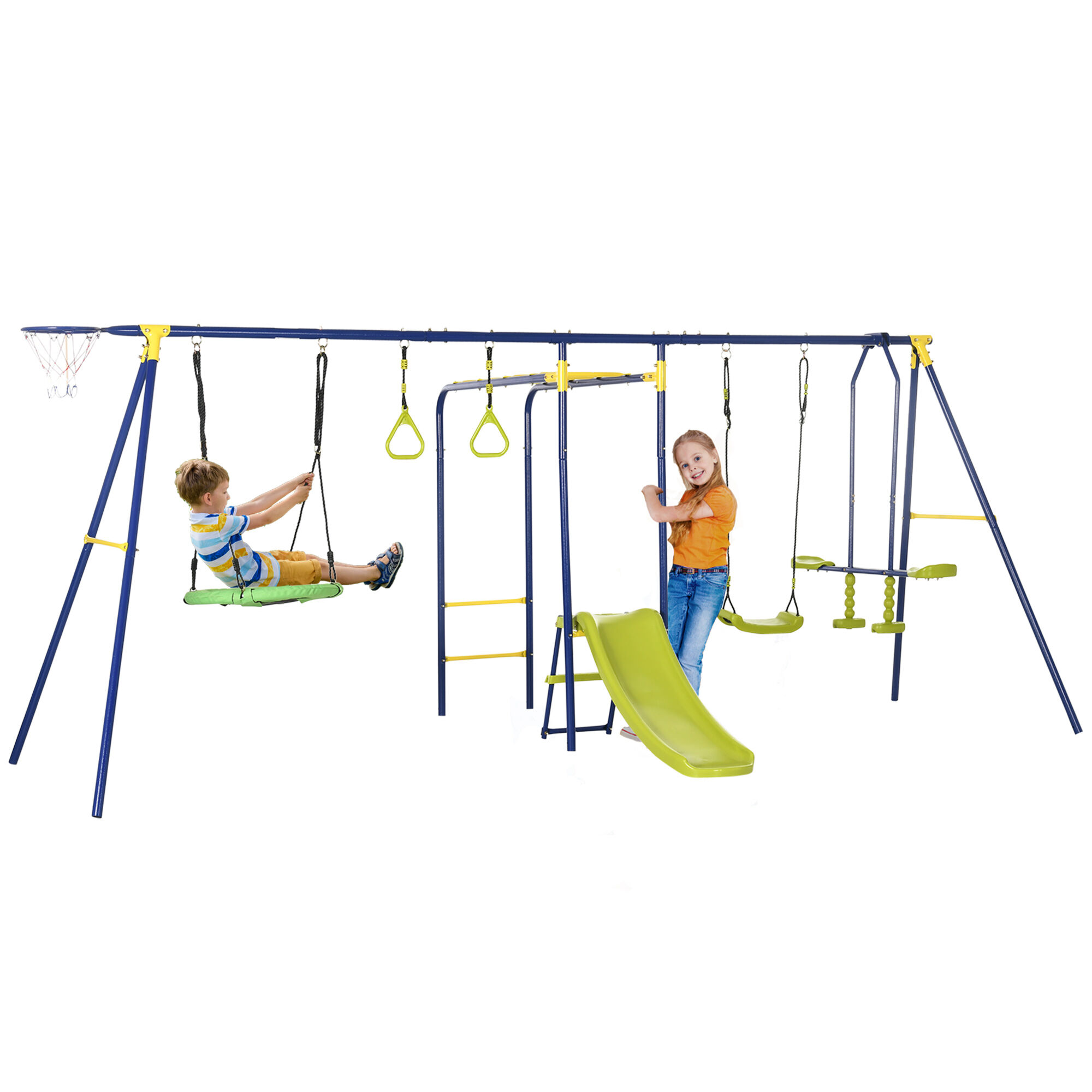 Outsunny Heavy-Duty Metal Swing Sets for Backyard, with A-Frame Swing Stand, Saucer Swing, Glider, Slide, Gym Rings, Basketball Hoop