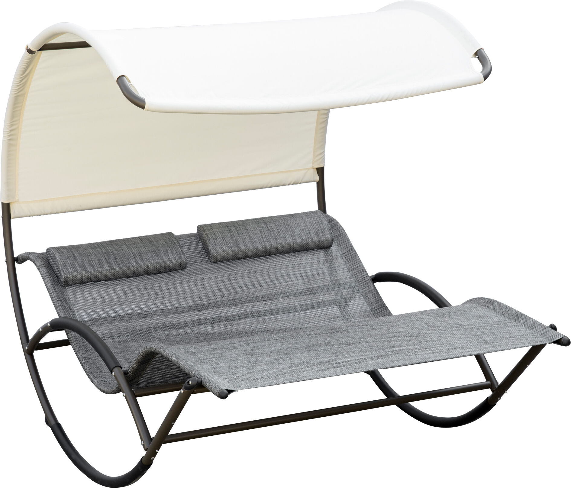 Outsunny Double Outdoor Rocking Bed, Patio Chaise Sun Lounger Bed for Two Person with Canopy, Detachable Headrestfor Sun Room, Garden, Poolside, Light Gray