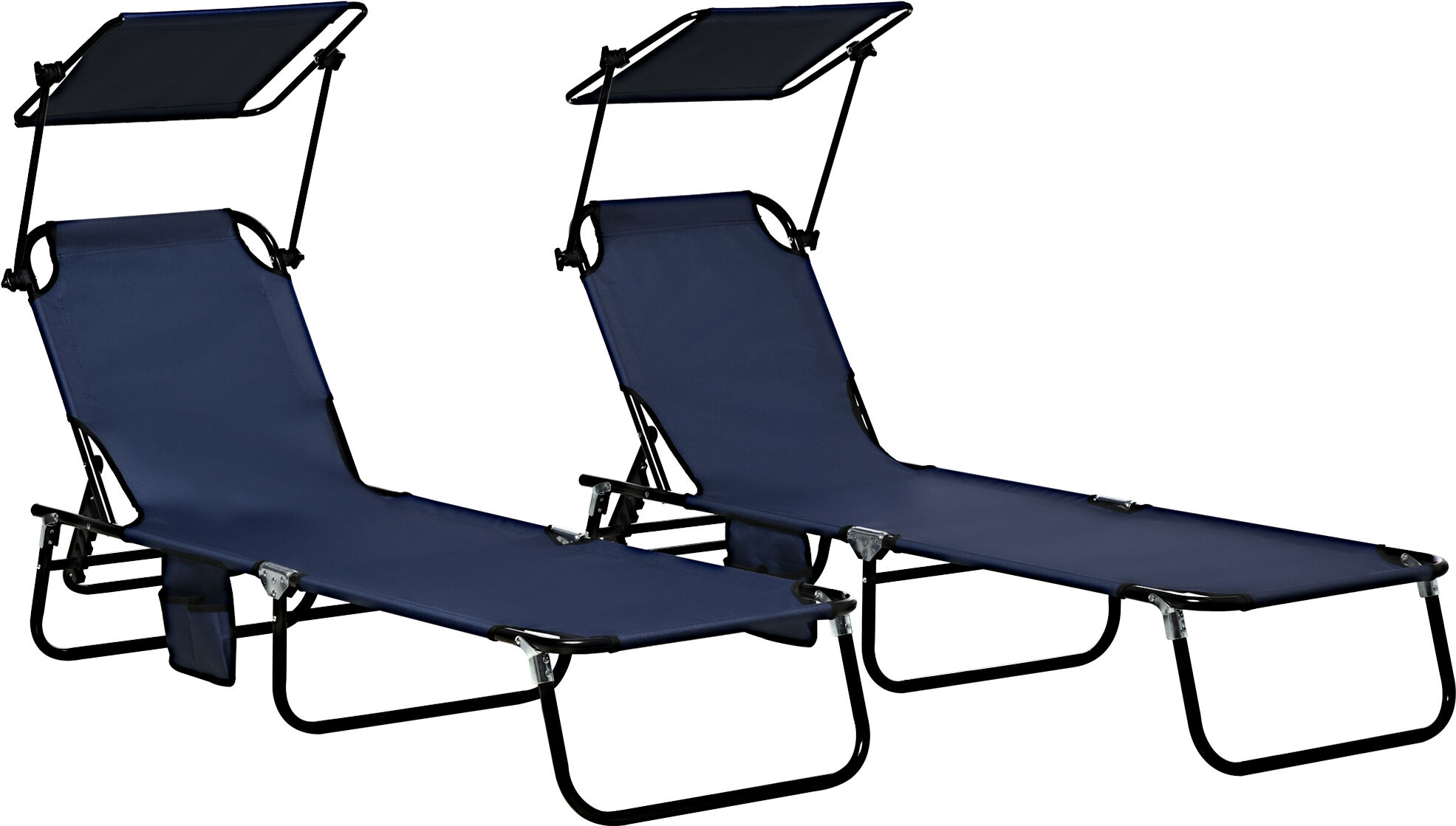 Outsunny Set of 2 Folding Chaise Lounge Chairs Dark Blue with Sunshade 5-Position Recline Steel Frame Oxford Fabric for Beach Yard Patio   Aosom.com