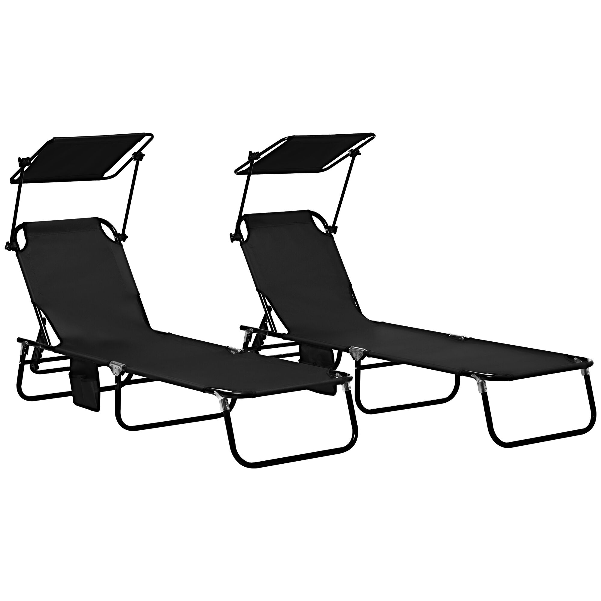 Outsunny Set of 2 Folding Chaise Lounge Chairs Black with Sunshade 5-Position Recline Steel Frame Oxford Fabric for Beach Yard Patio   Aosom.com