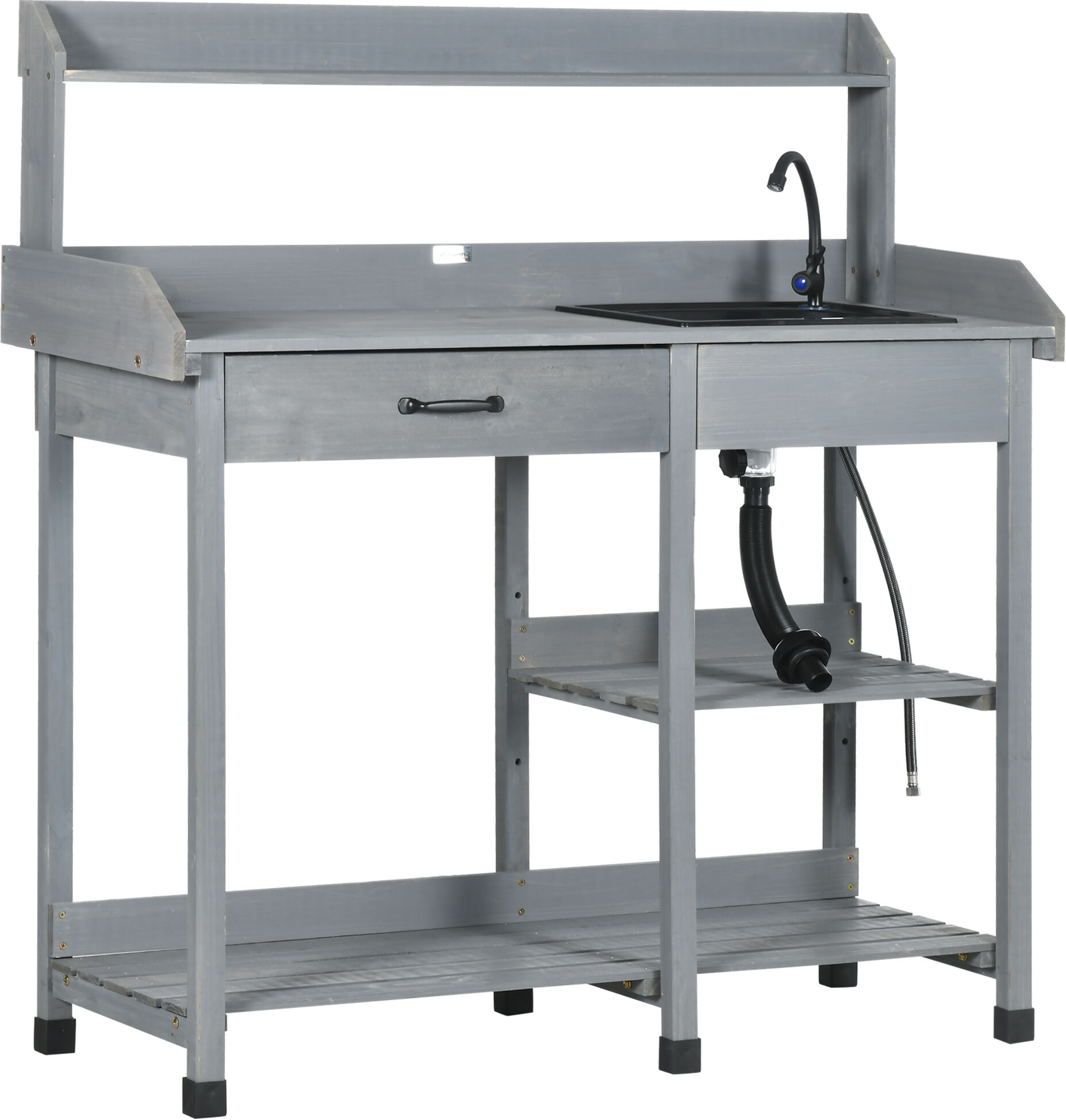 Outsunny Wooden Potting Bench Table Gray with Removable Sink Hose Hook Up Drawer Shelves Hooks   Aosom.com