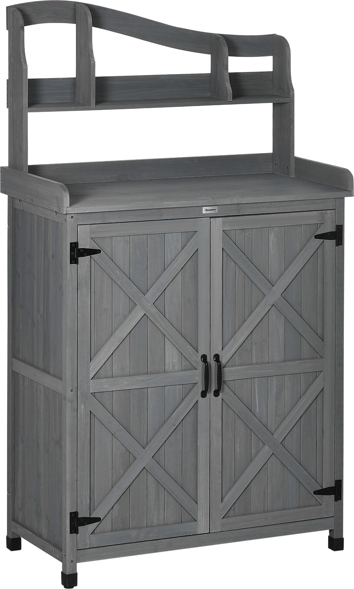 Outsunny Wooden Outdoor Storage Cabinet with Potting Bench Grey Gardening Table with Patio Storage and Magnetic Doors   Aosom.com