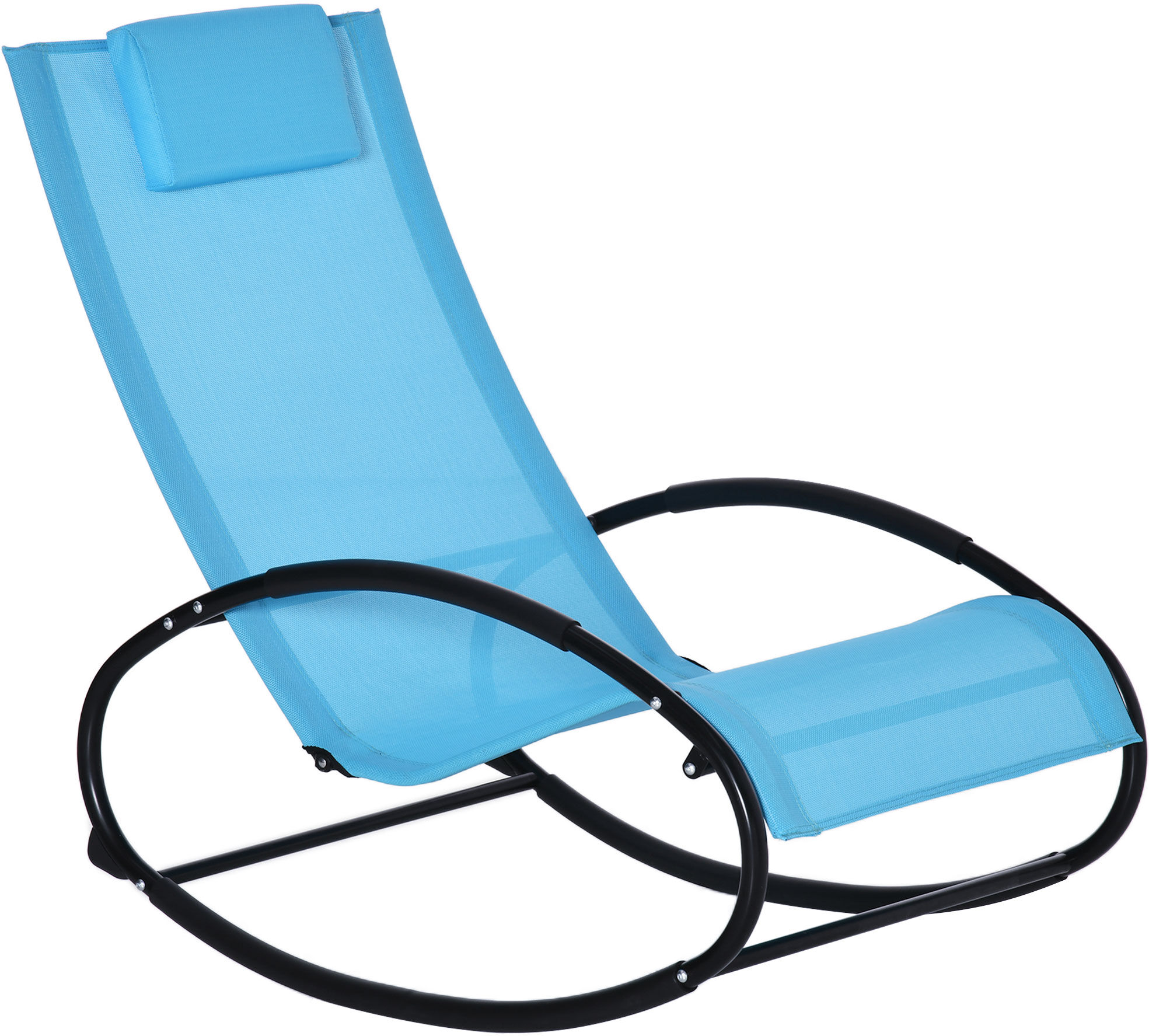 Outsunny Patio Rocking Chair, Outdoor Chaise Lounger with Headrest Pillow and Breathable Fabric for Backyard, Living Room, Deck, Light Blue