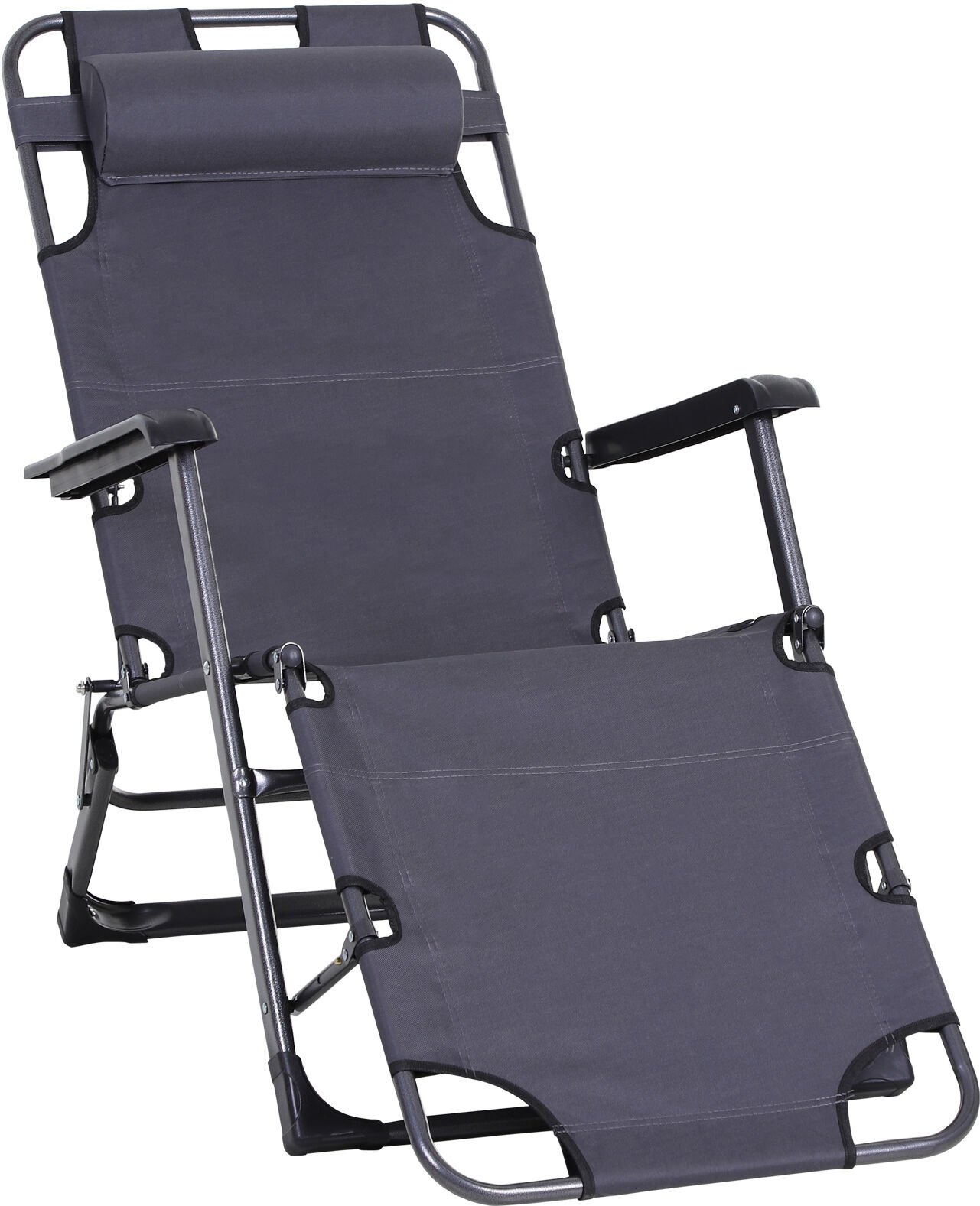 Outsunny Folding Lounger Chair Metal Frame Outdoor Pool Sun Lounger Curved Reclining Chair 120° /180° W/ Head Pillow Grey