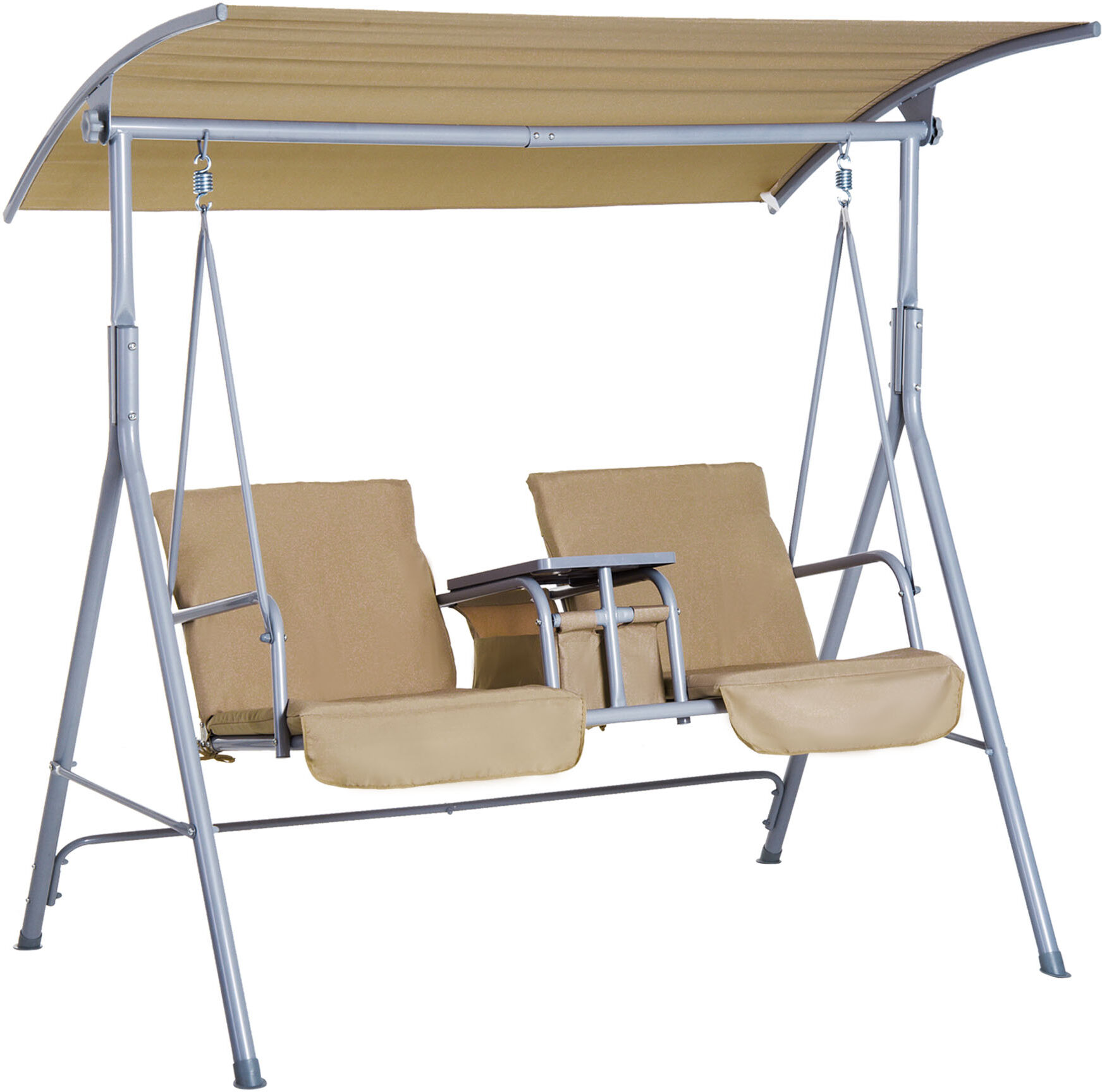 Outsunny 2 Person Porch Covered Swing Outdoor with Canopy, Table and Storage Console, Beige