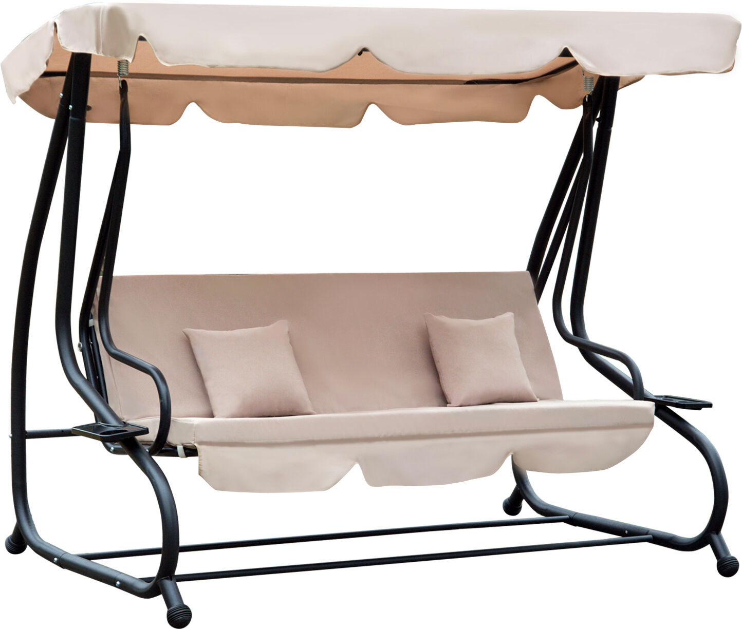 Outsunny 3 Seat Outdoor Free Standing Swing Bench Porch Swing with Stand, Comfortable Cushioned Fabric & Included Canopy, Light Brown