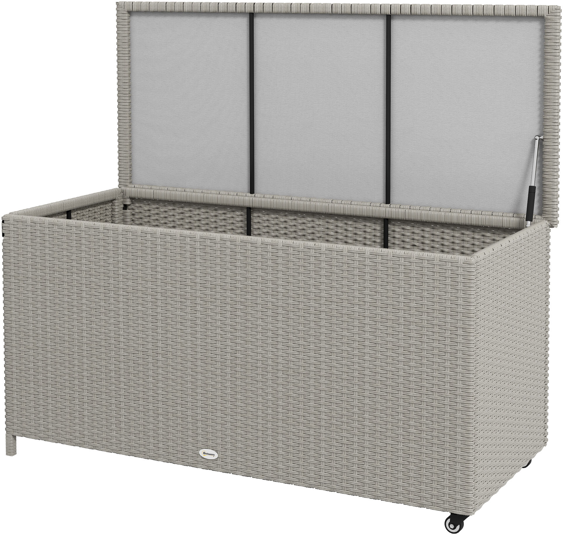 Outsunny 83 Gallon Deck Box, Outdoor Storage Chest, PE Wicker Trunk for Outside on Wheels for Garden Tools, Pool Toys & Patio Furniture Cushions, Gray