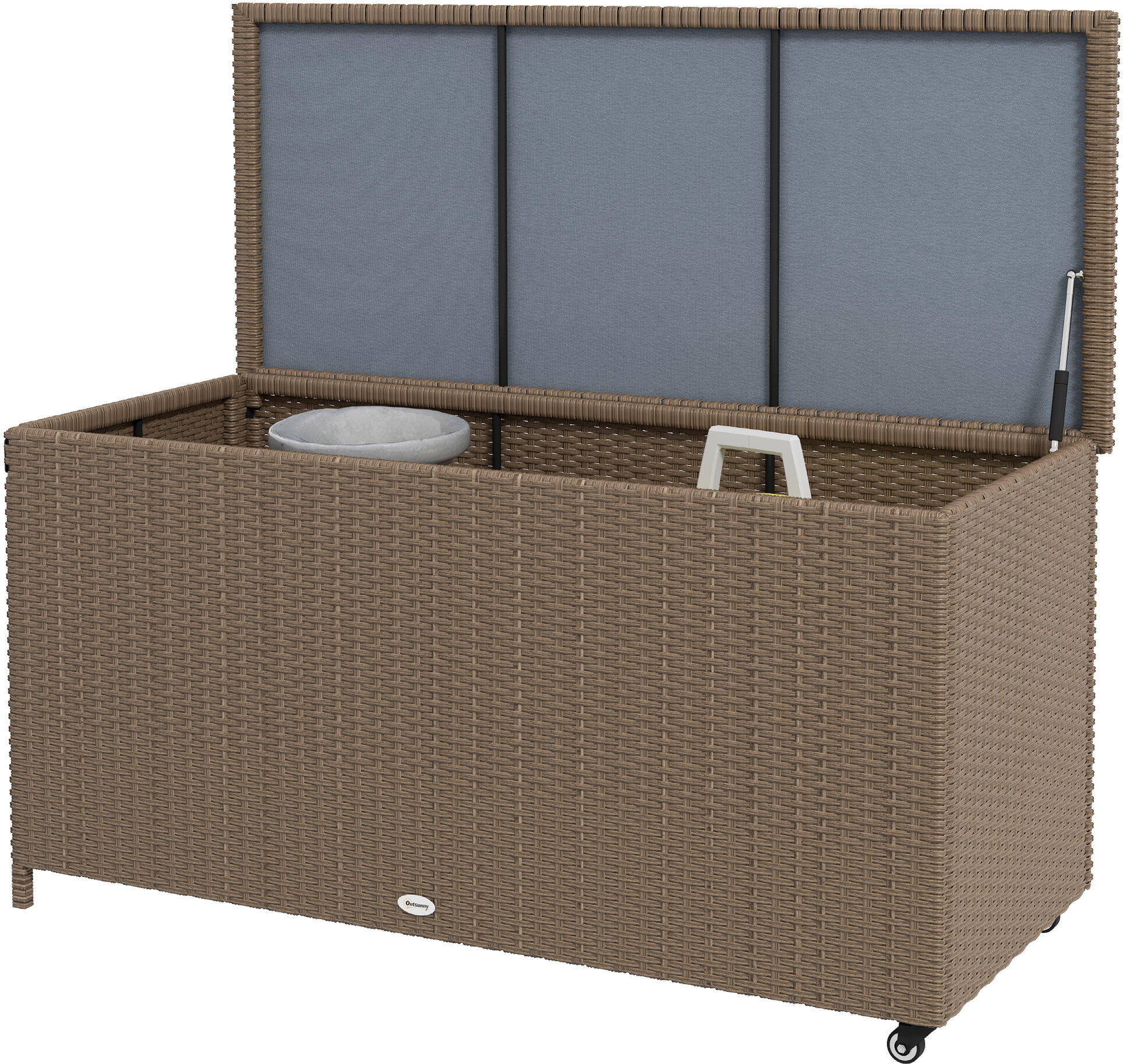 Outsunny 83 Gallon Rolling Deck Box Outdoor PE Wicker Storage Chest for Garden Tools and Pool Toys with Wheels Brown   Aosom.com