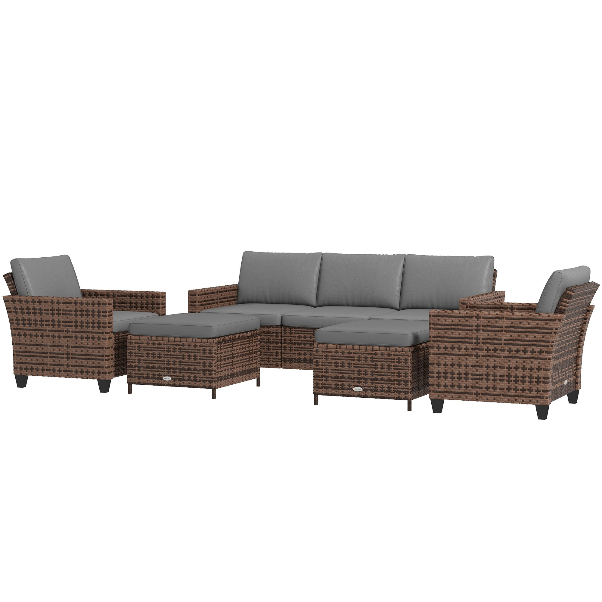 Outsunny 5-Piece Patio Furniture Set with PE Rattan Three-Seater Sofa, Armchairs, Footstools, Cushions, Mixed Brown
