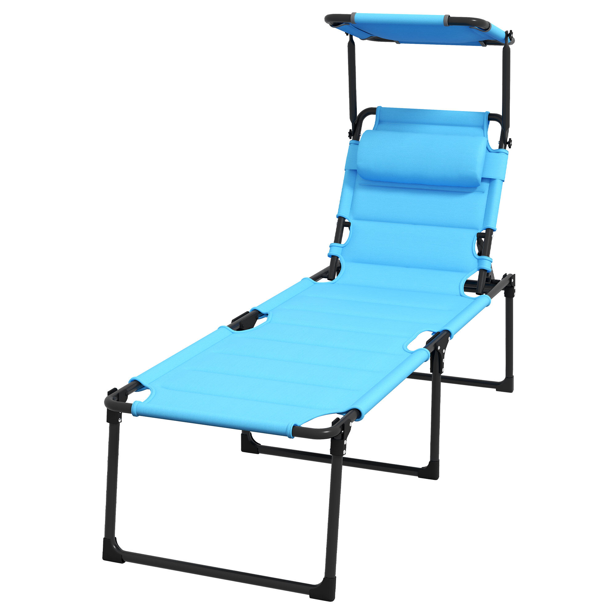 Outsunny Adjustable Folding Chaise Lounge with 4-position Backrest, Sun Roof, Head Pillow for Patio, Balcony, Outdoor, Light Blue