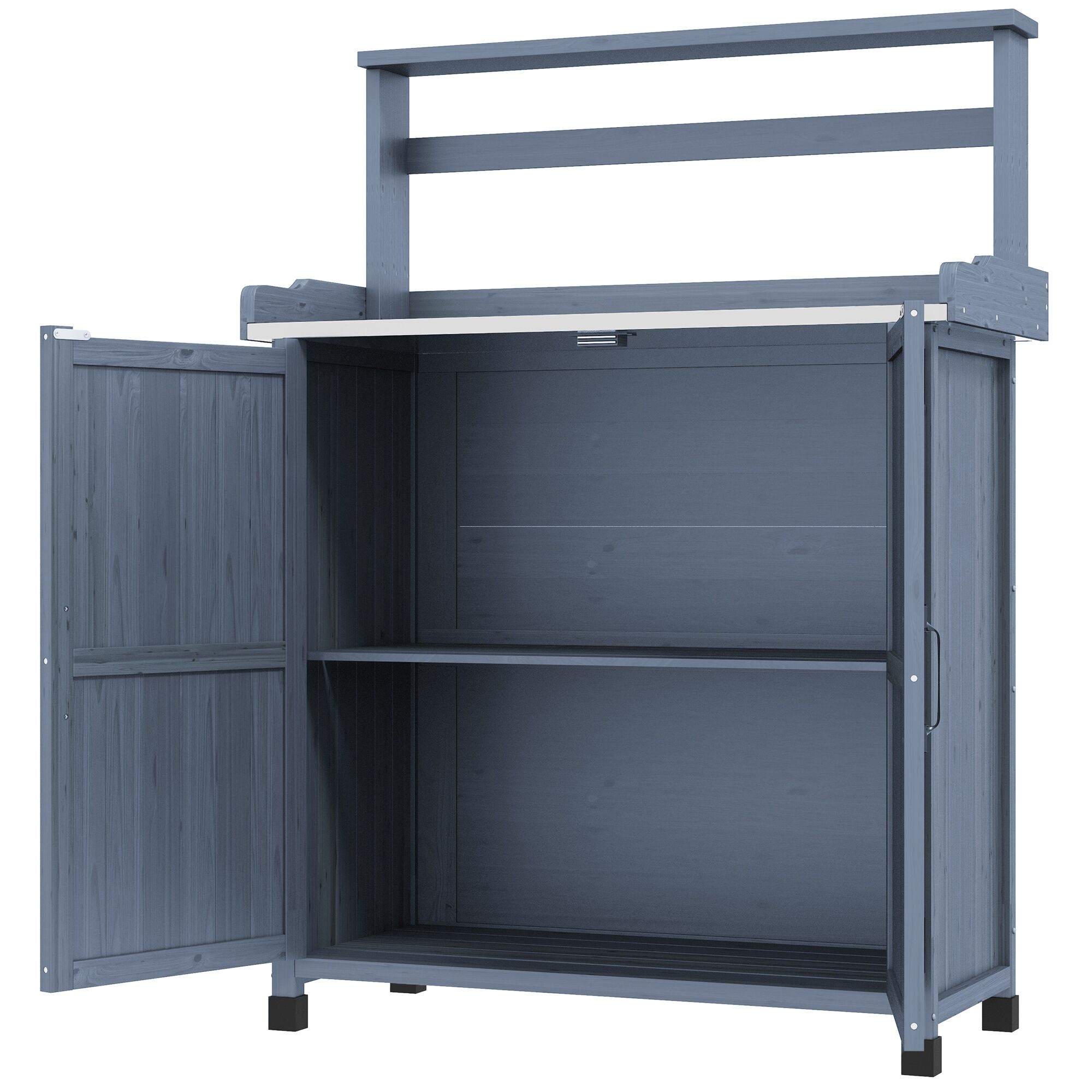 Outsunny Potting Bench Outdoor Wooden with Storage Cabinet Shelf Galvanized Tabletop Gray for Backyard   Aosom.com