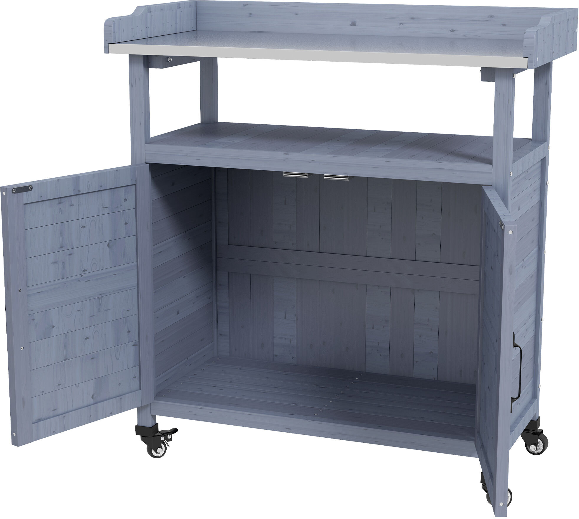 Outsunny Outdoor Potting Bench with Storage Cabinet Aluminum Tabletop Rubber Wheels for Patio Backyard Balcony Gray   Aosom.com