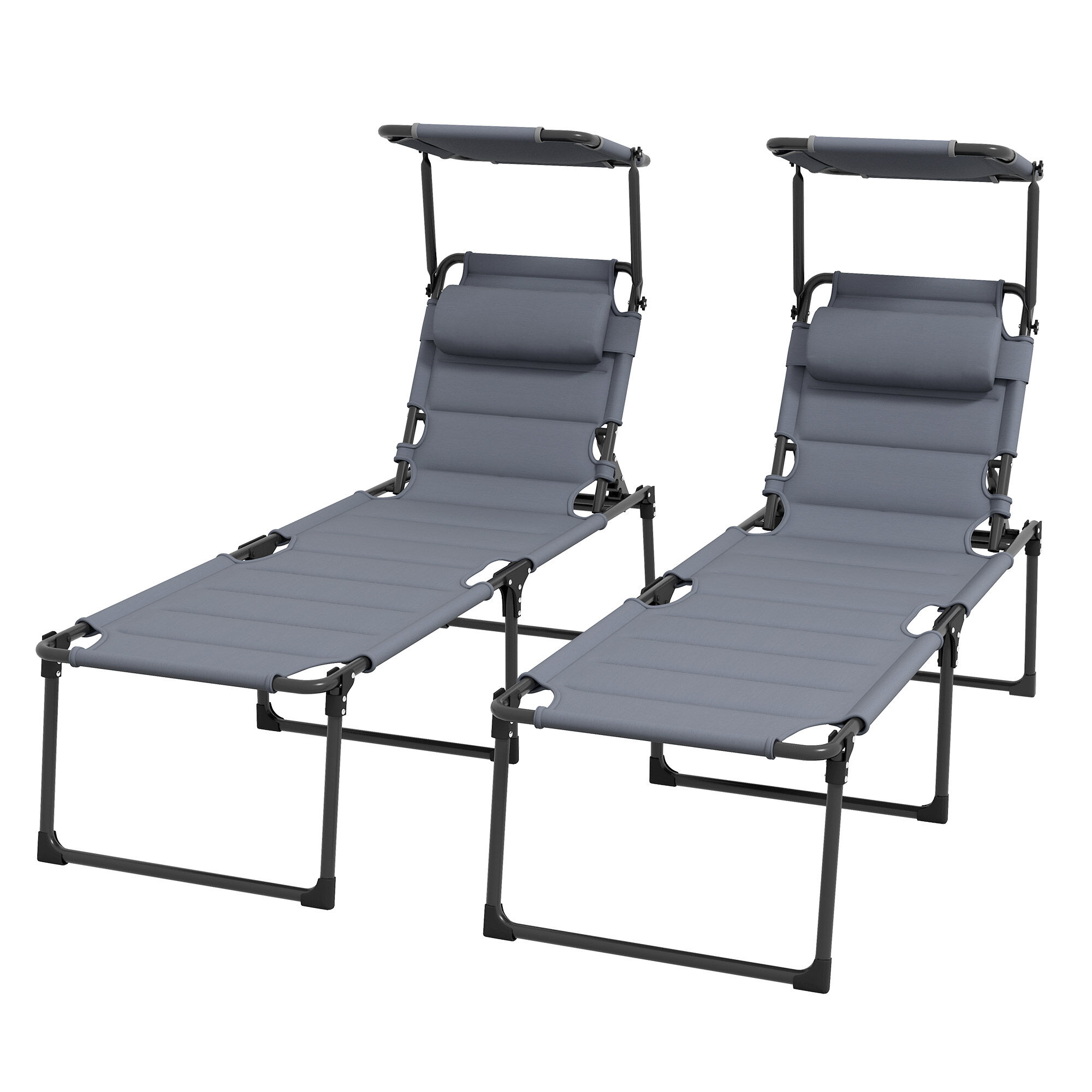 Outsunny 2 Folding Chaise Lounge Pool Chairs, Outdoor Sun Tanning Chairs w/ Sunroof, Headrests, 4-Position Reclining Back, Gray