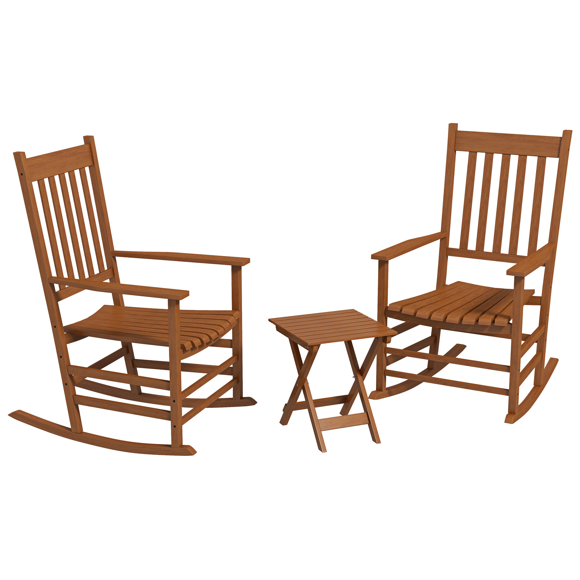 Outsunny Wooden Rocking Chair Set w/ Foldable Side Table, Outdoor Rocker Chairs w/ Slatted Top Table for Garden, Balcony, Porch, Up to 352 lbs., Teak