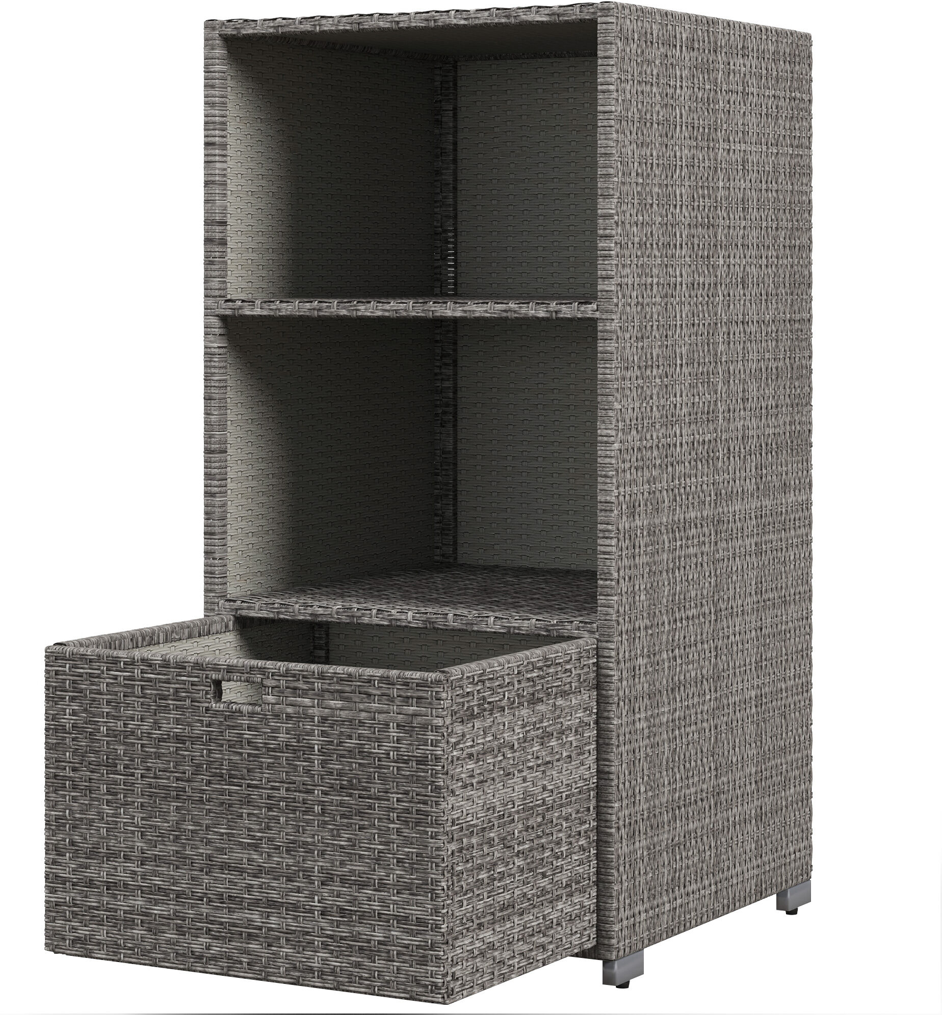 Outsunny Pool Towel Rack with Storage PE Rattan Wicker 2 Shelves and Basket for Outdoor Spa Mixed Gray   Aosom.com