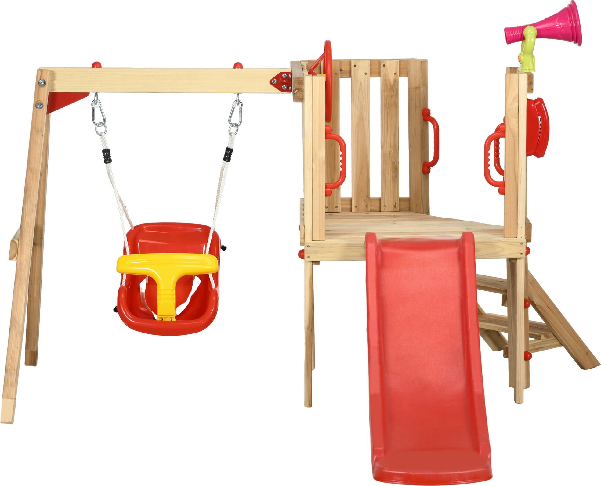 Outsunny 4-in-1 Wooden Swing Set with Swing, Slide, Horn, Steering Wheel, Red