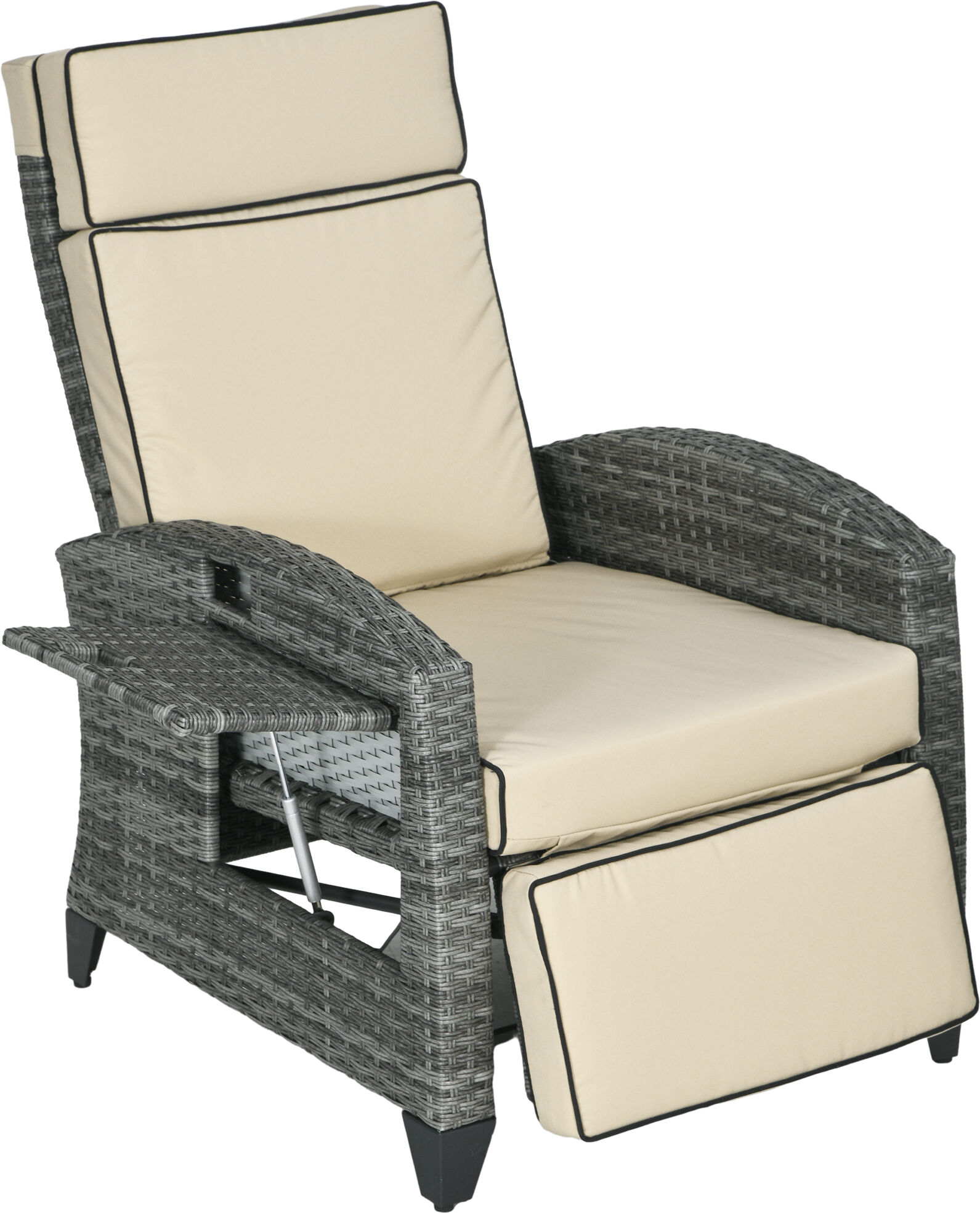 Outsunny Patio Recliner Chair with Adjustable Backrest Cushion Side Tray in Khaki   Aosom.com