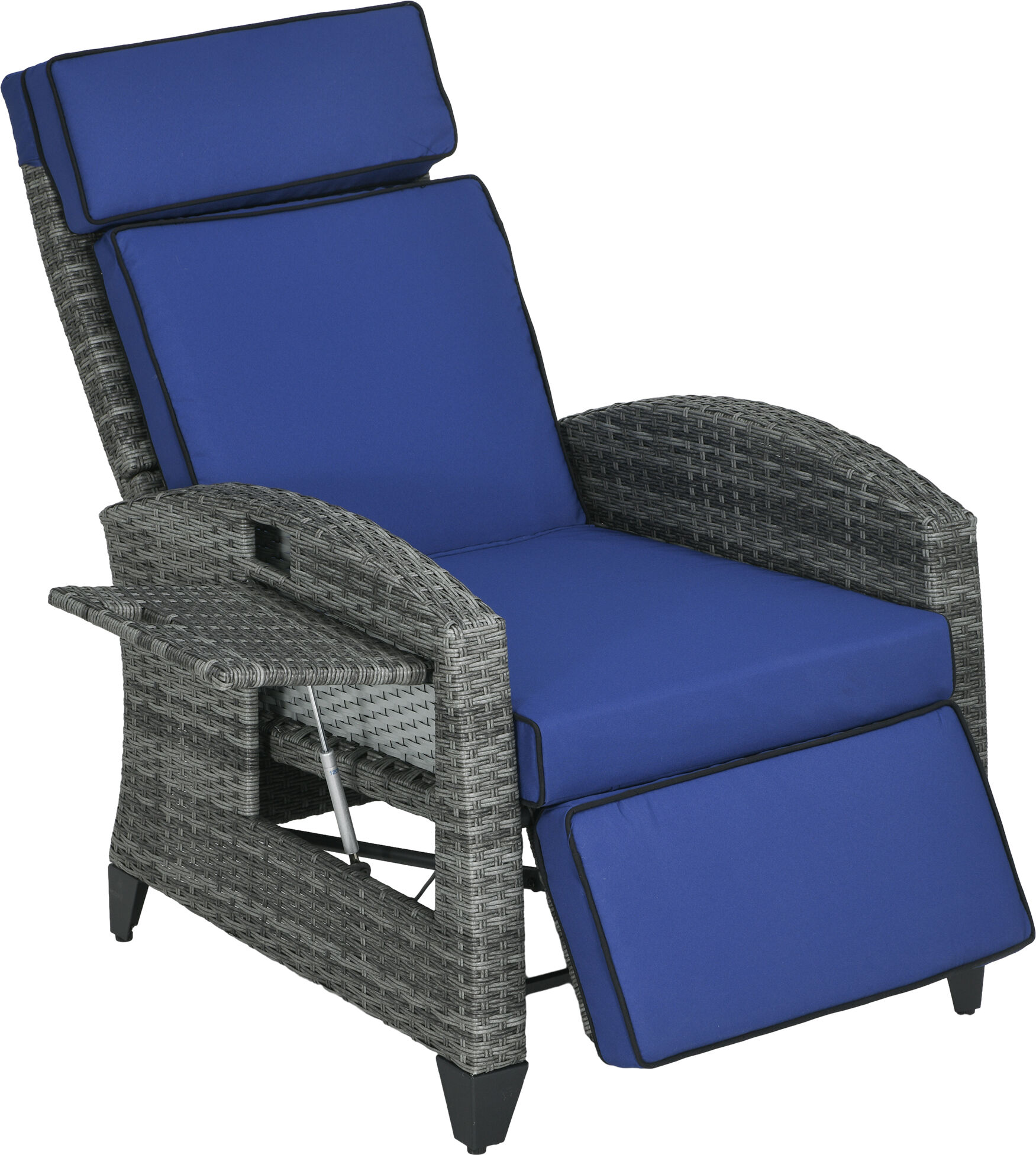 Outsunny Outdoor Recliner Chair with Adjustable Backrest, Cushion, Side Tray, Dark Blue