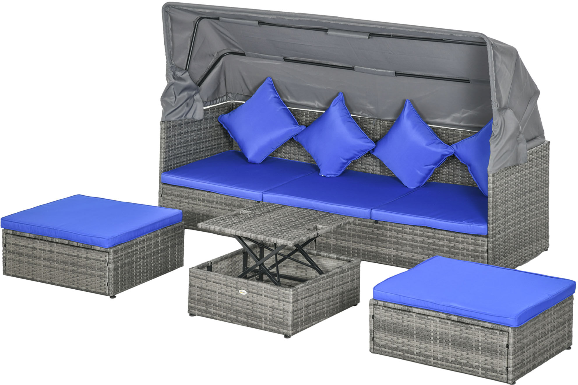 Outsunny Adjustable Canopy Rattan Sofa Set 4PC w Height Adjustable Table Cushions Dark Blue   Aosom.com