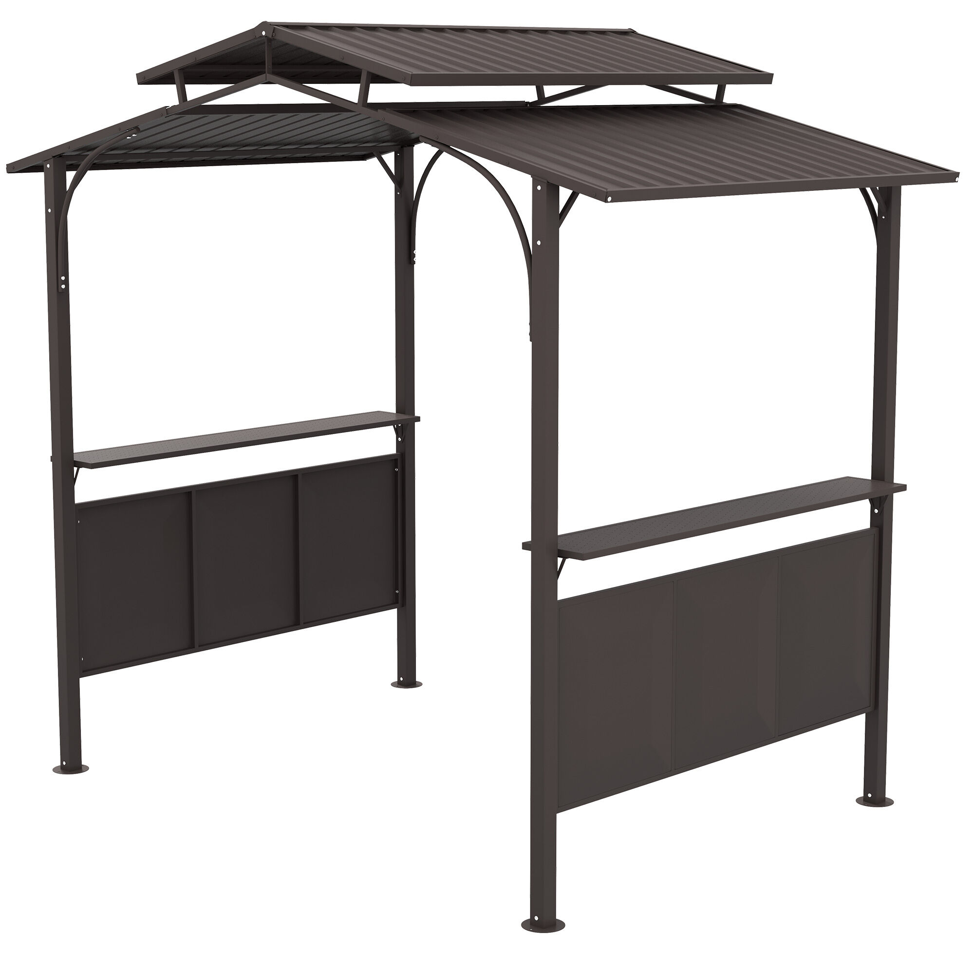Outsunny 8' x 5' BBQ Grill Gazebo, Outdoor Double Tiered Interlaced Polycarbonate Roof with Steel Frame & 2 Side Shelves, Brown
