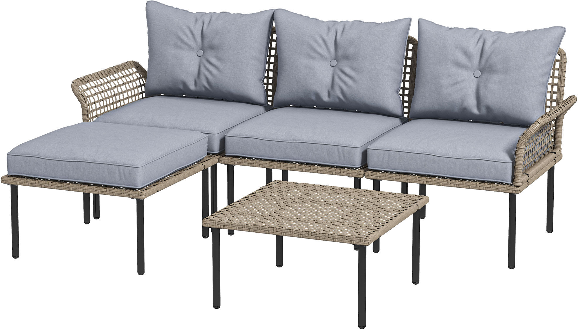 Outsunny 5-Piece Rattan Patio Furniture Set with Sofa, Chaise Lounge, Coffee Table, Footstools, Cushions, Light Gray