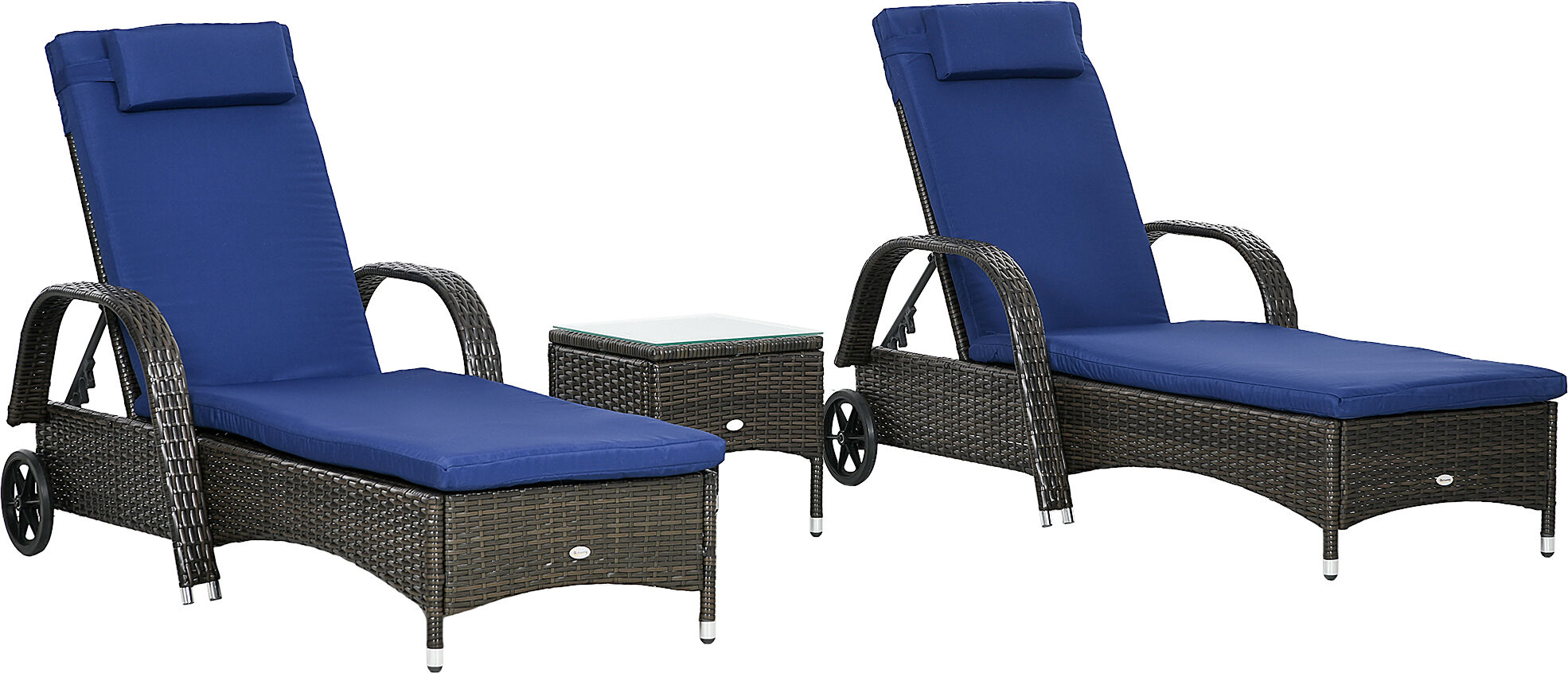 Outsunny Patio Wicker Chaise Lounge Chair Set of 2 with Table, 5-Level Adjustable Backrest, Wheels, Cushion & Headrest, Blue