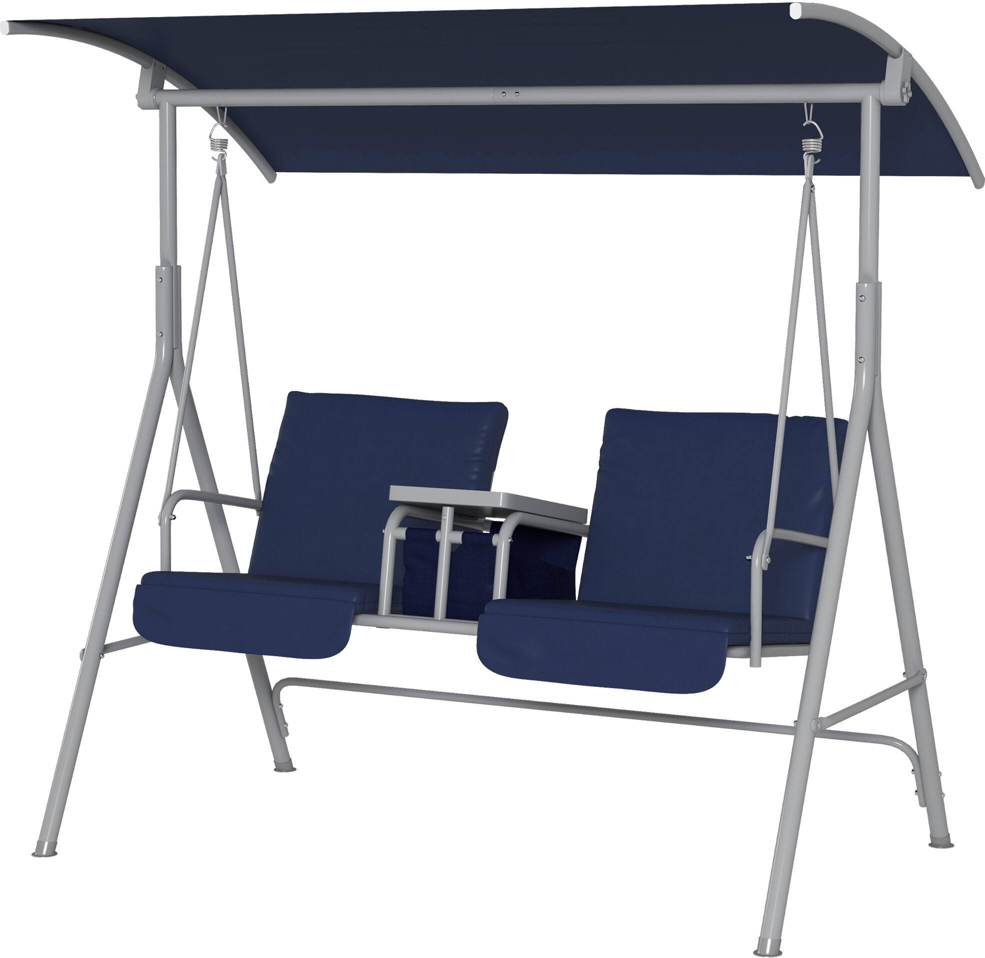 Outsunny 2 Person Porch Swing with Stand, Outdoor Swing with Canopy, Cup Holders, Cushions for Patio, Backyard, Dark Blue