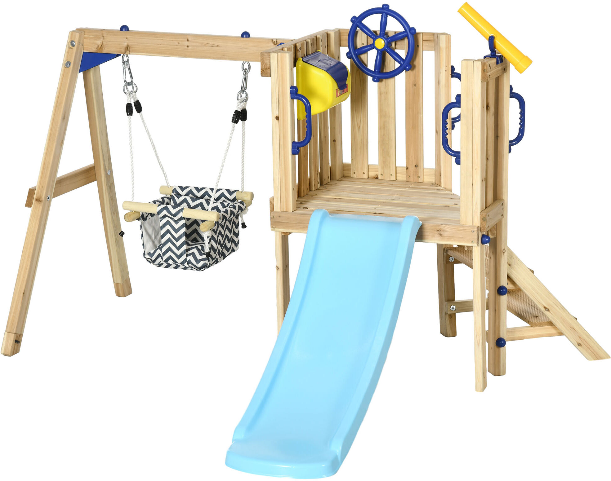 Outsunny 3 in 1 Wooden Swing Set with Slide, Swing Seat with Fort, Wheel, Telescope & Mailbox, 1.5-4 Years Old, Childrens Outdoor Toys, Natural