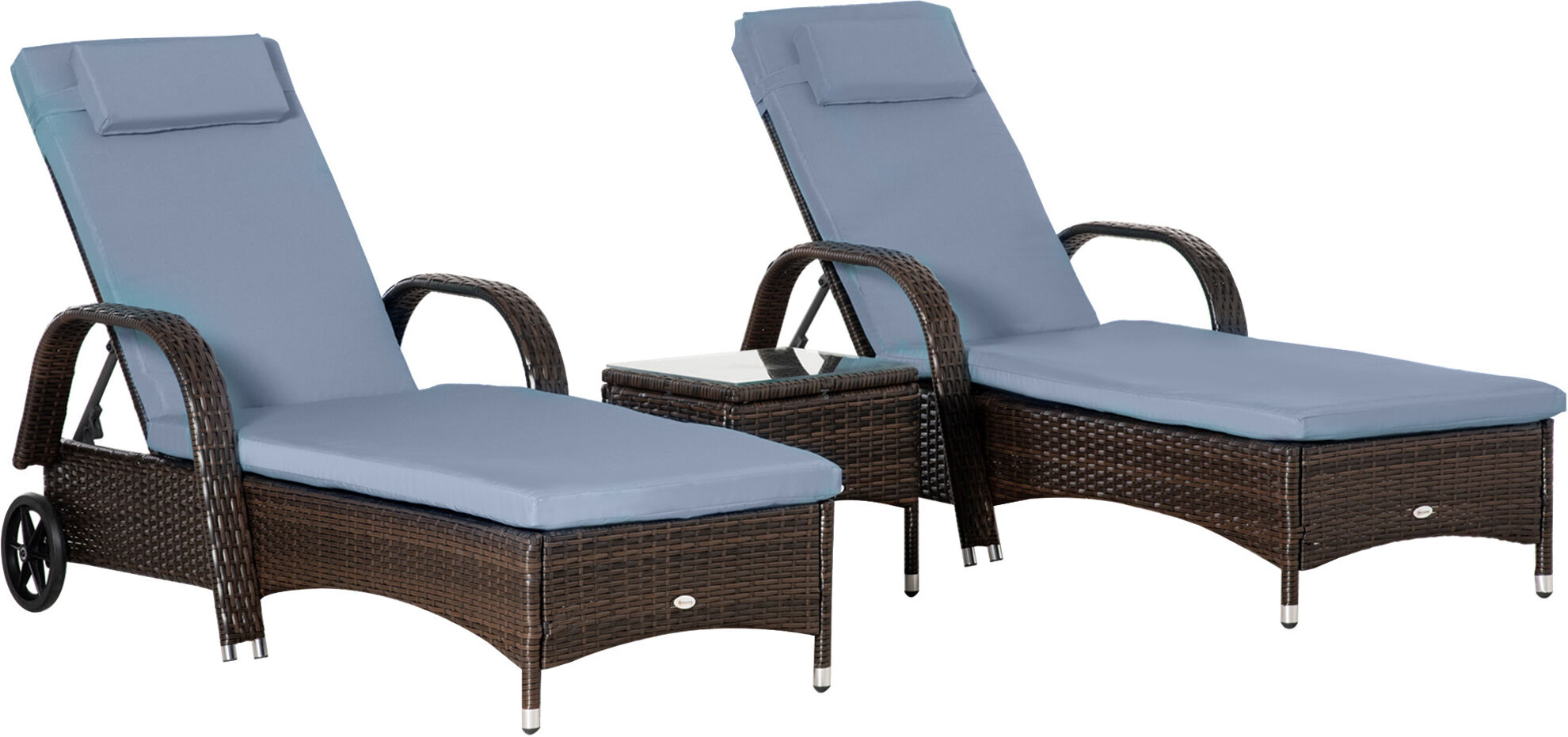 Outsunny 3 Pieces Patio Wicker Chaise Lounge Chair Set Adjustable PE Rattan Cushioned Lounge set with Armrests, Side Table & Moving Wheels, Brown/Blue