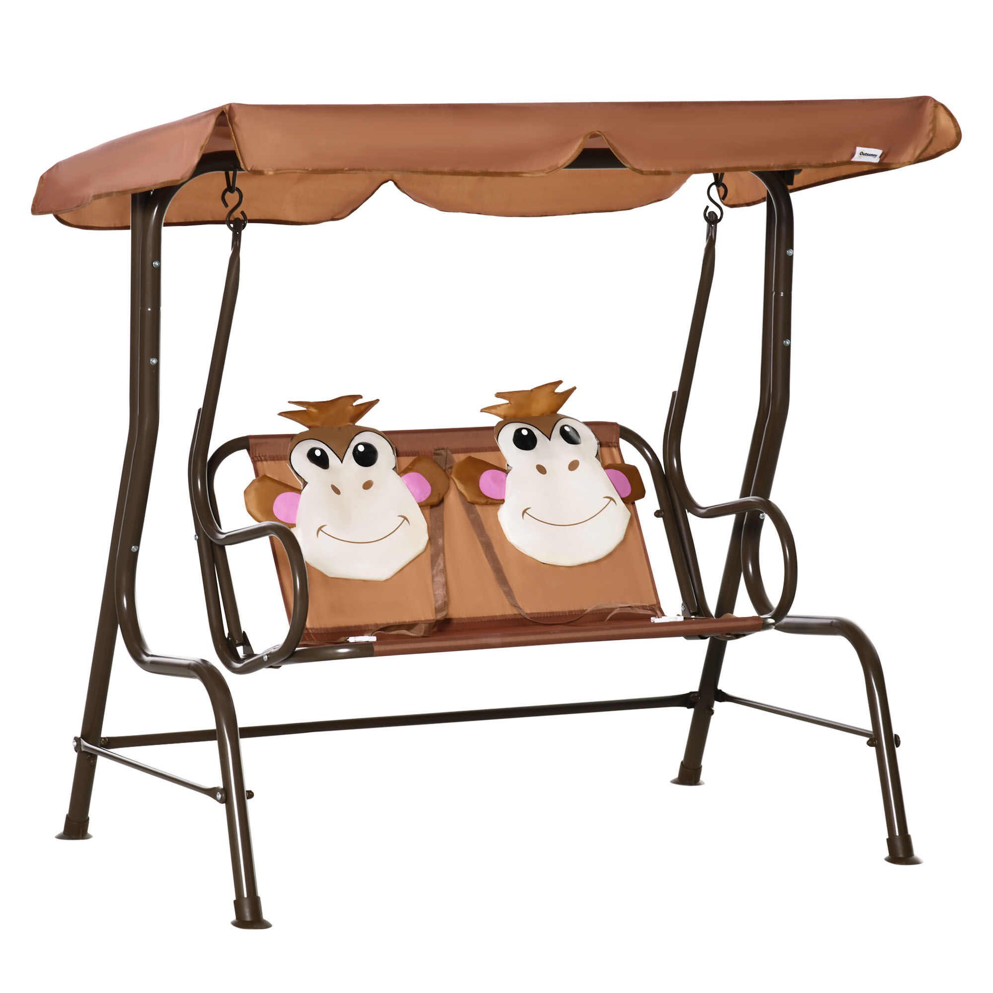 Outsunny Kids Patio Swing Chair with Monkey Pattern 2-Seat Outdoor Porch Bench for Toddlers Canopy & Seat Belt Coffee 3-6 Years   Aosom.com