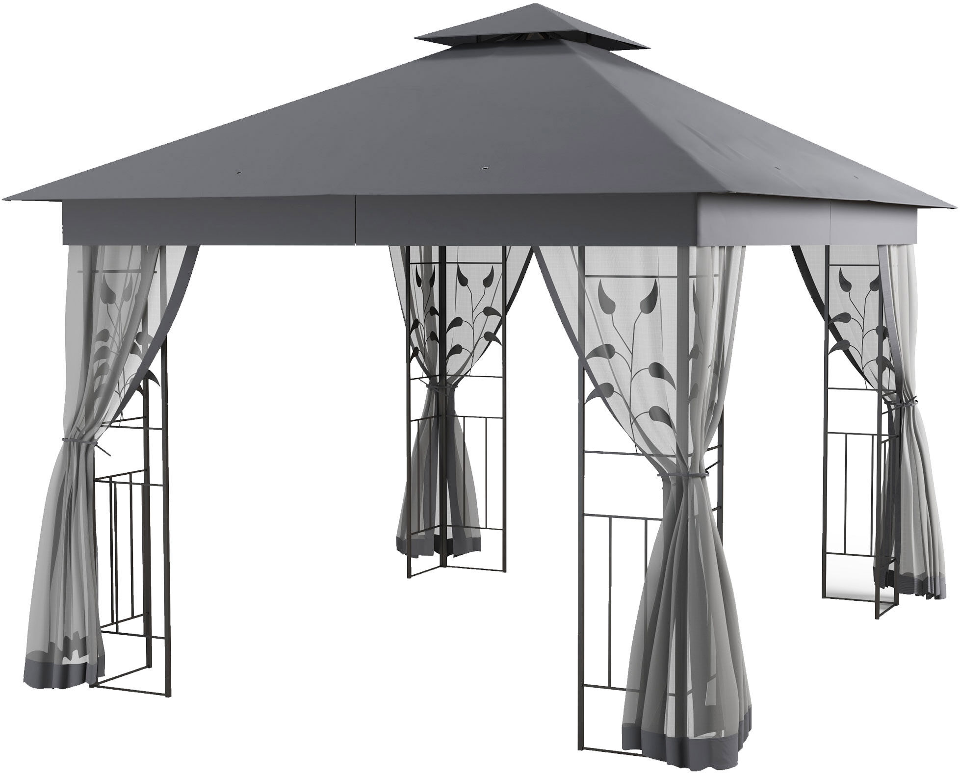 Outsunny 10' x 12' Metal Patio Gazebo, Double Roof Outdoor Gazebo Canopy Shelter with Tree Motifs Corner Frame and Netting, Gray