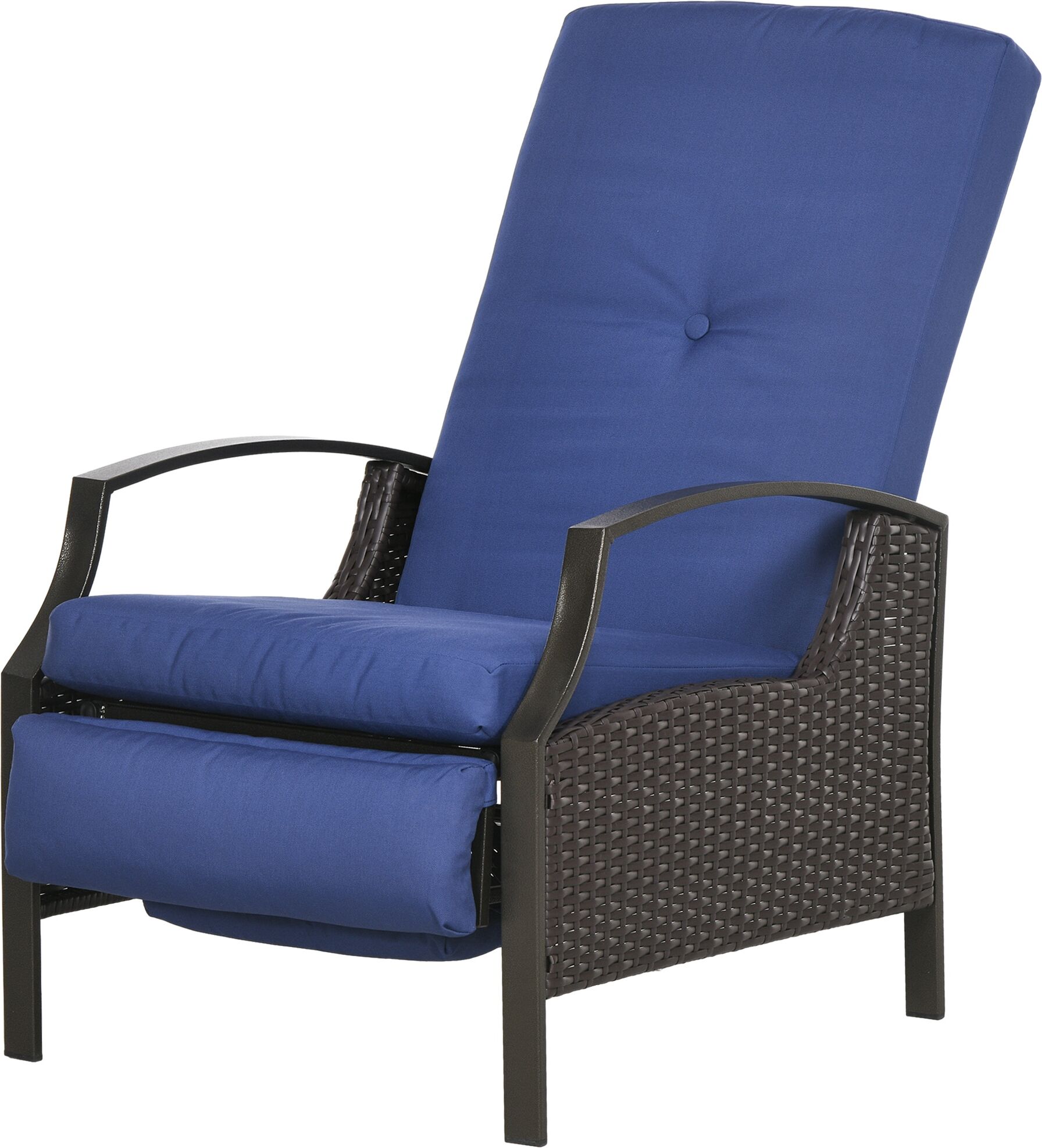 Outsunny Outdoor Rattan Recliner Chair, Wicker Reclining Chair with Cushions, Footrest, Armrests for Balcony, Porch, Dark Blue