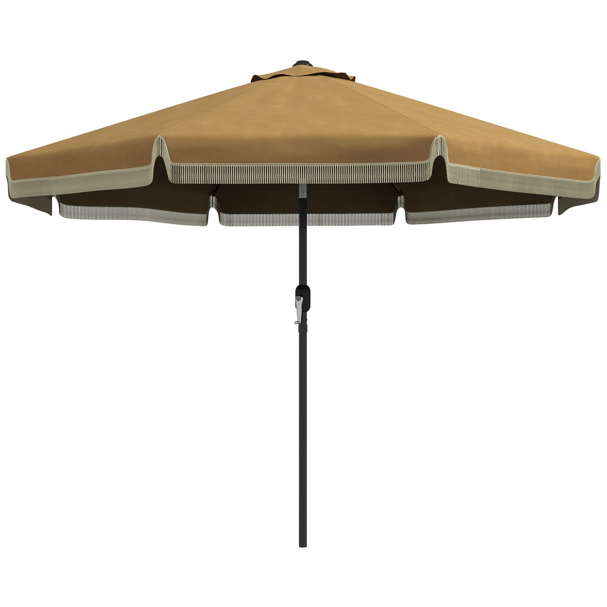 Outsunny 9’ Patio Umbrella with Push Button Tilt and Crank, Ruffled Outdoor Market Table Umbrella with Tassles and 8 Ribs, for Garden, Deck, Pool, Tan