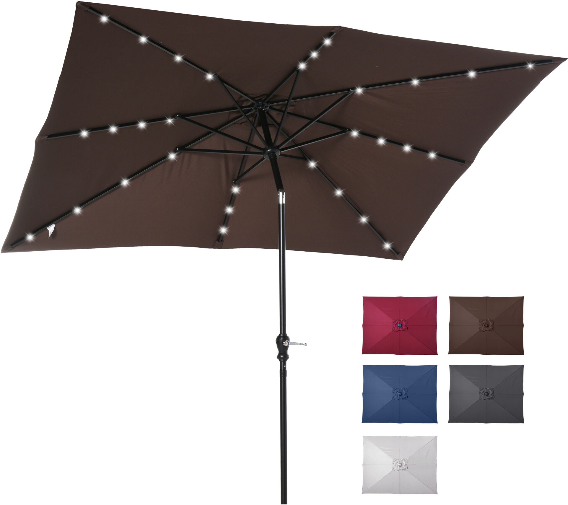 Outsunny 9' x 7' Patio Umbrella Outdoor Table Market Umbrella with Crank, Solar LED Lights, 45° Tilt, Push-Button Operation, for Deck, Pool, Brown