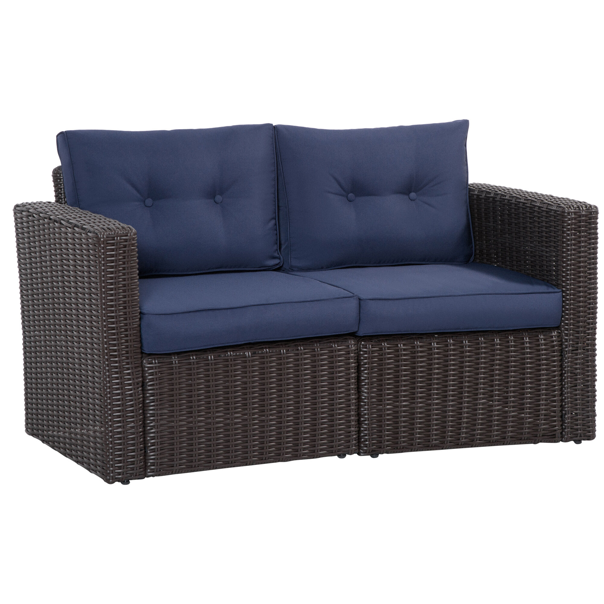 Outsunny 2PC Patio Wicker Corner Sofa Set Outdoor PE Rattan Furniture Curved Armrests Cushions Dark Blue   Aosom.com