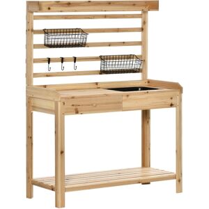 Outsunny Garden Potting Bench Table Workstation with Metal Sieve Screen Sink Hooks Natural   Aosom.com