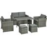 Outsunny 6 Pieces Patio Dining Set, PE Rattan Furniture Set with 2 Chairs Cushions & Outdoor Loveseat Sofa, Woodgrain Slatted Dinner Table, Mixed Gray