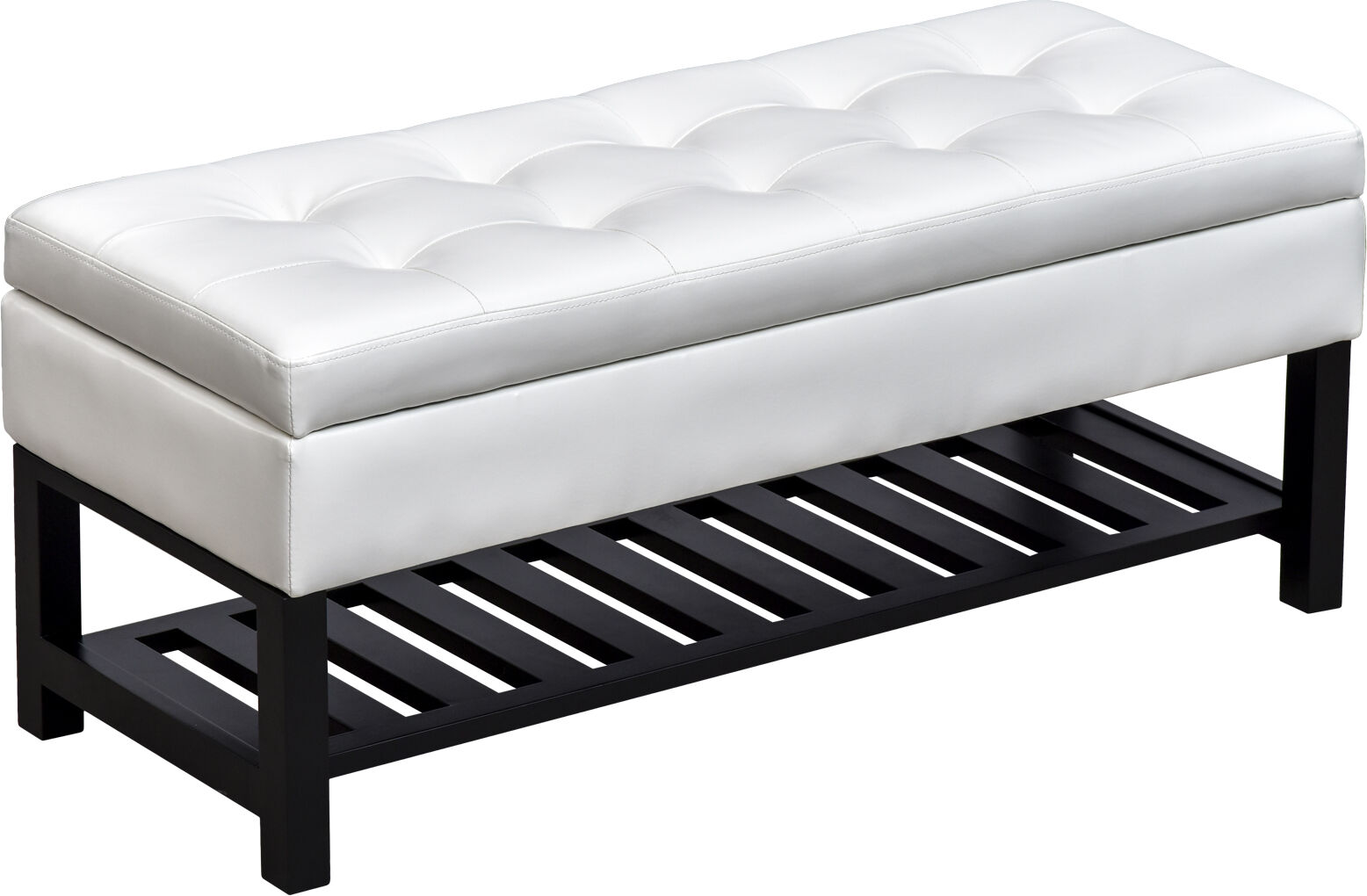 HOMCOM Ottoman Storage Bench 44 Inch Tufted Faux Leather with Shoe Rack White   Aosom.com