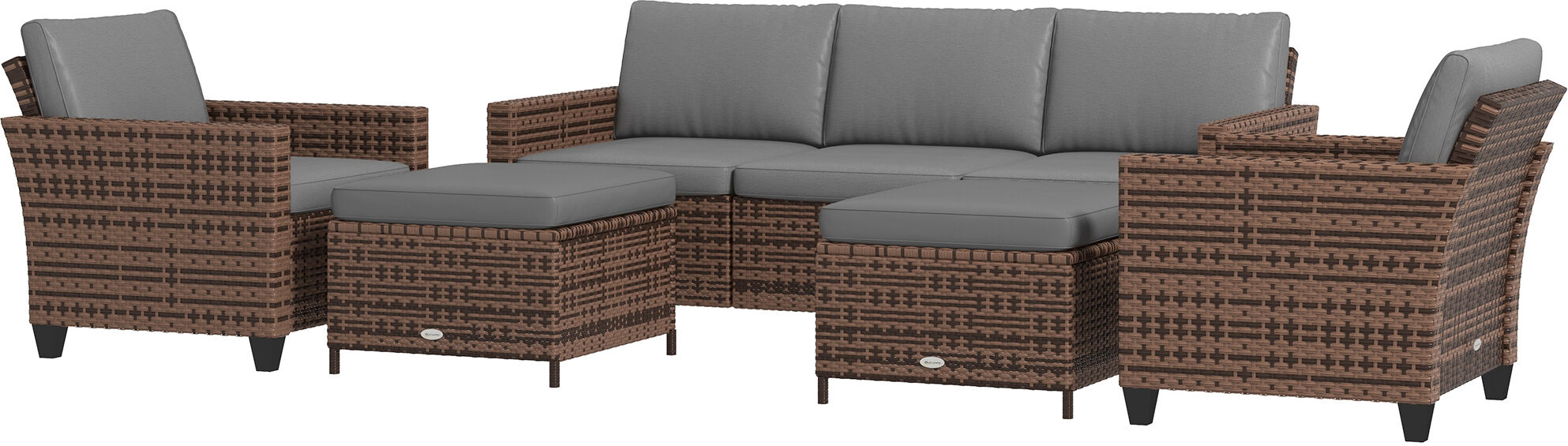 Outsunny 5-Piece Patio Furniture Set with PE Rattan Three-Seater Sofa, Armchairs, Footstools, Cushions, Mixed Brown