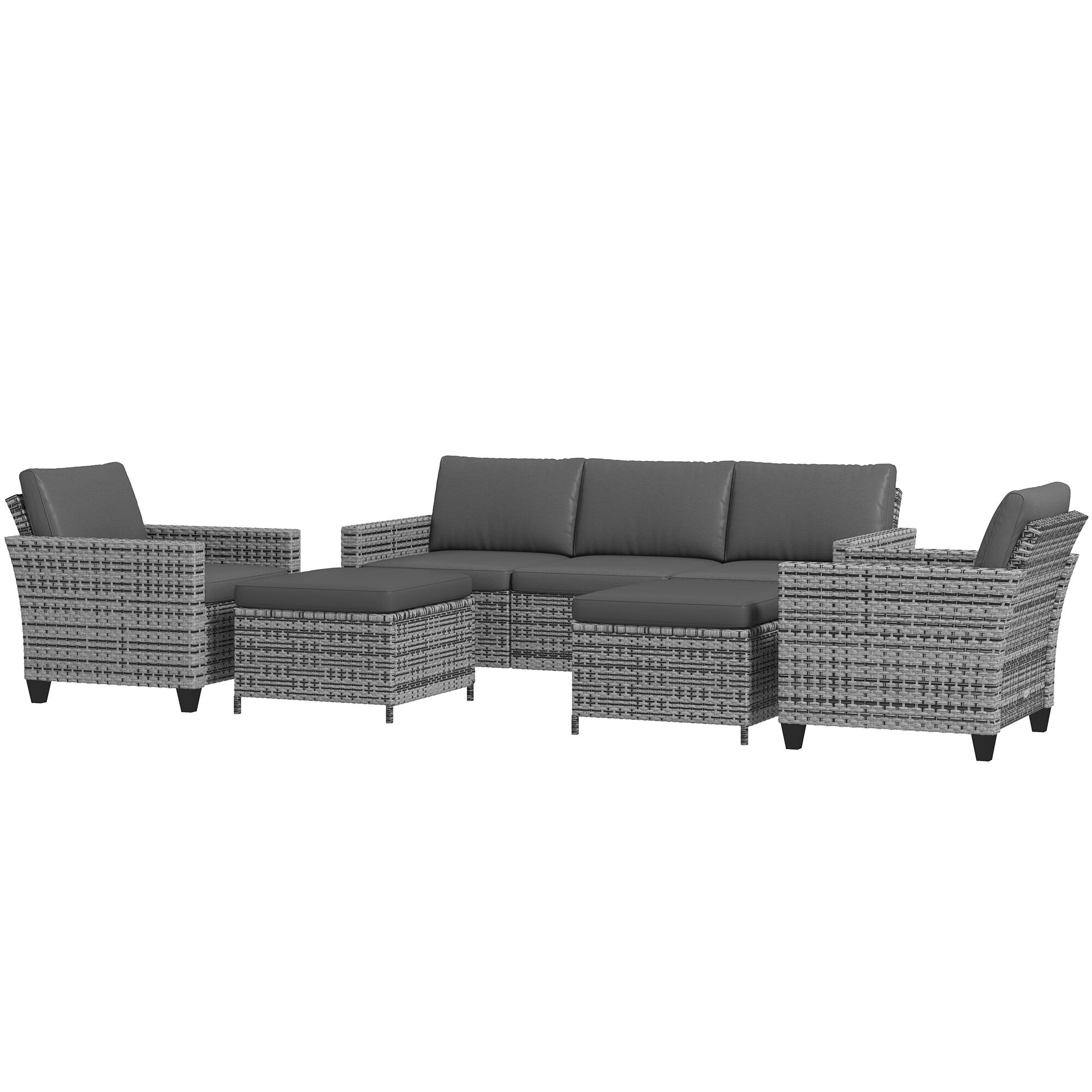 Outsunny 5PC Outdoor Rattan Furniture Set Three-Seater Sofa Armchairs Footstools Cushions Stylish Mixed Gray   Aosom.com