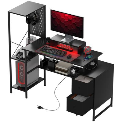 HOMCOM 56" Computer Desk with Storage, Computer Table with Power Outlets and LED Lights, Black HOMCOM 56" Computer Desk with Storage, Computer Table with Power Outlets and LED Lights, Black