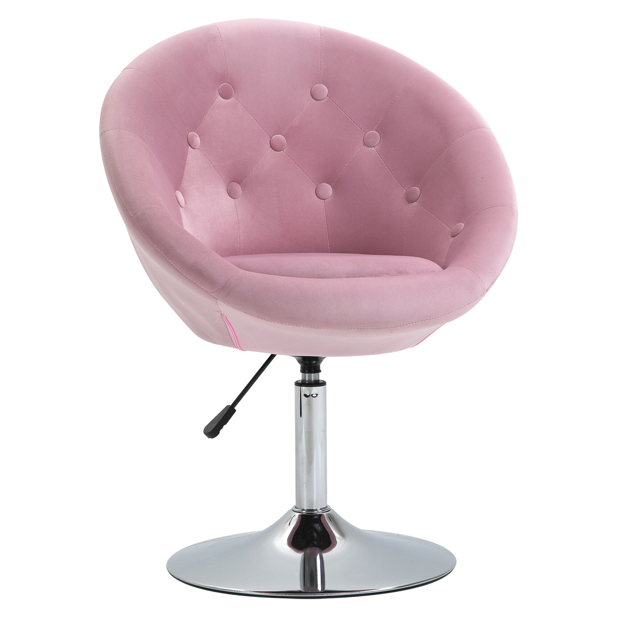 HOMCOM Modern Makeup Vanity Chair Round Tufted Swivel Accent Chair with Chrome Frame Height Adjustable for Living Room, Bedroom, Pink