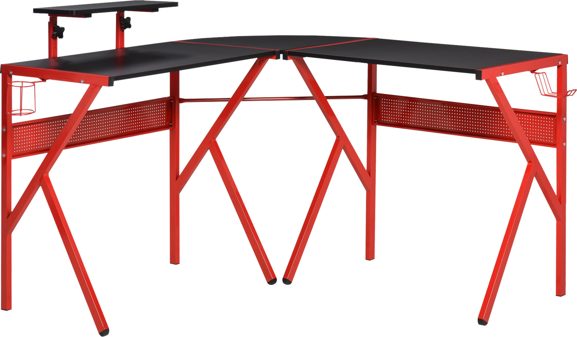 HOMCOM L-Shaped Gaming Desk, Corner Computer Desk with Carbon Fiber Desktop, Adjustable Monitor Stand, Cup Holder, Headphone Hook, Red/Black