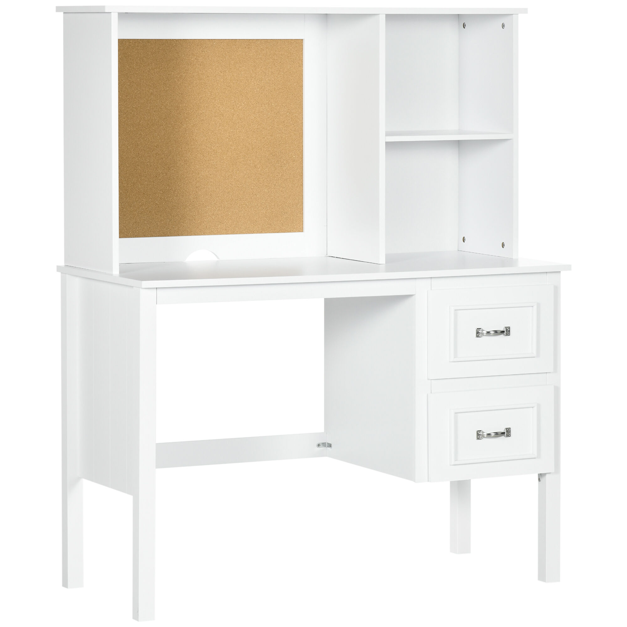 HOMCOM Computer Desk with Storage Shelves and Drawers, Home Office Workstation Table with Cork Board and Cable Hole, White