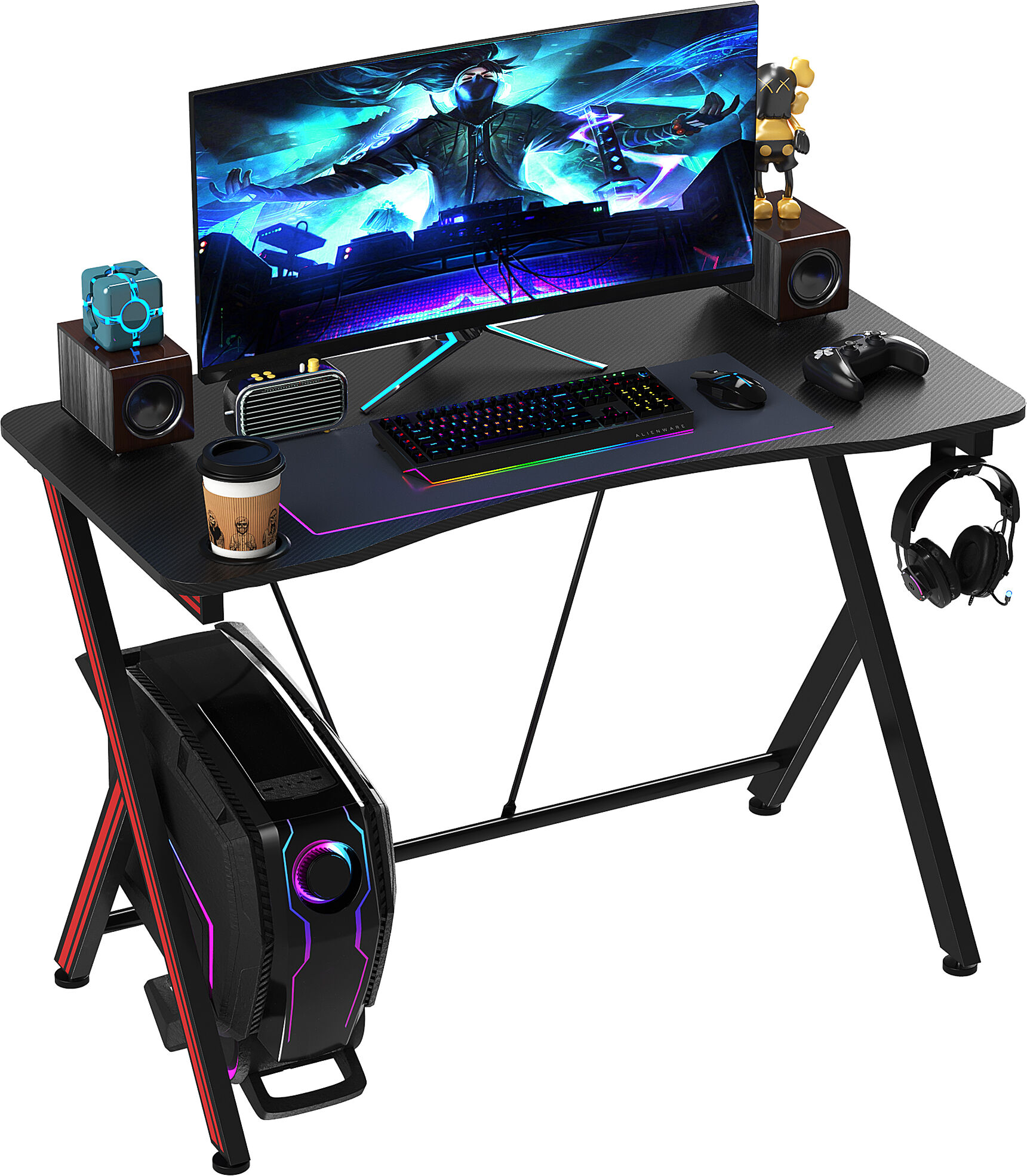 HOMCOM Gaming Computer Desk 41" Home Office Gamer Table Workstation Cup Holder Headphone Hook Carbon Fiber   Aosom.com