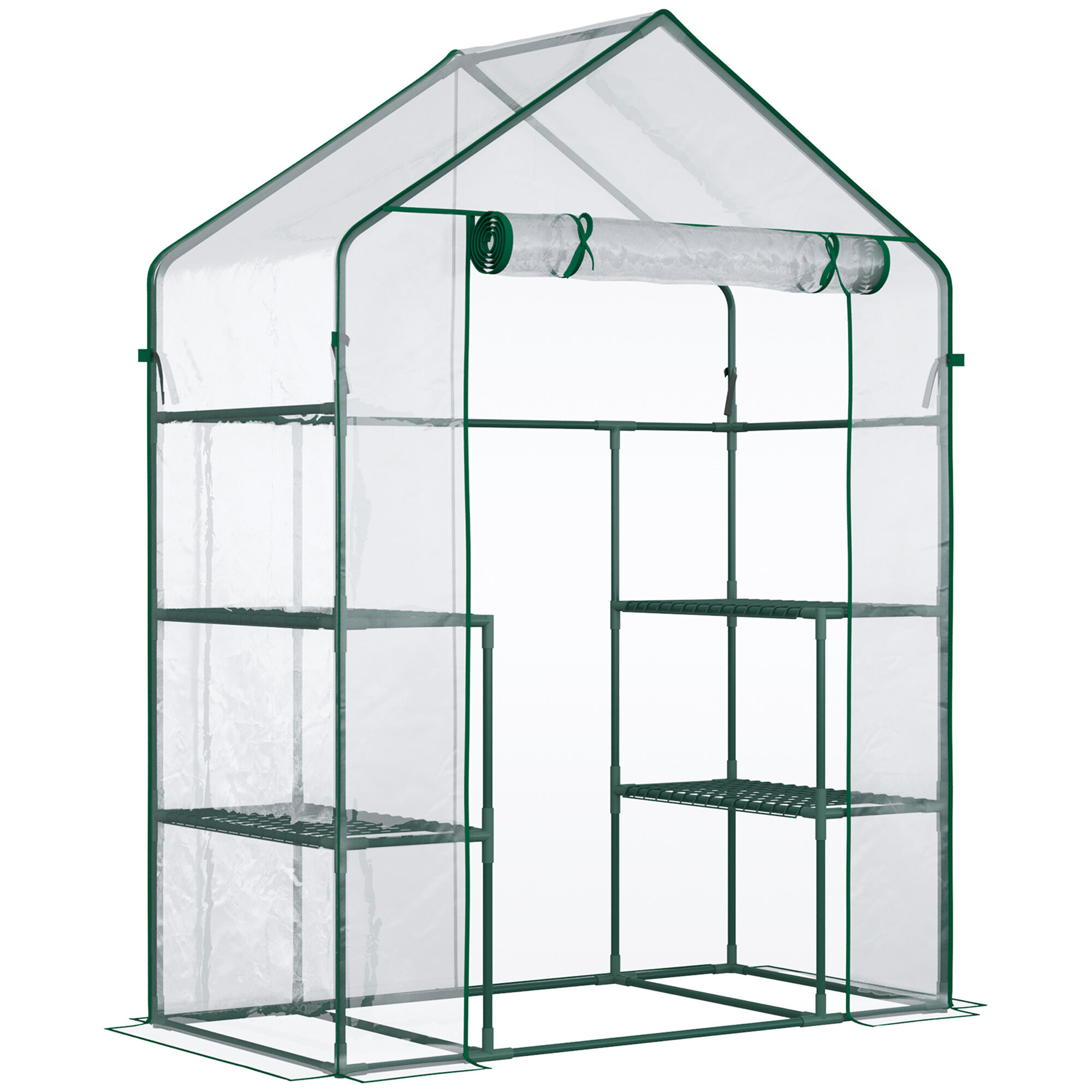 Outsunny Mini Greenhouse 56 x 29 x 77 Walk-in Garden Hot House with Shelves Roll-Up Door Weatherized Cover Deep Green   Aosom.com